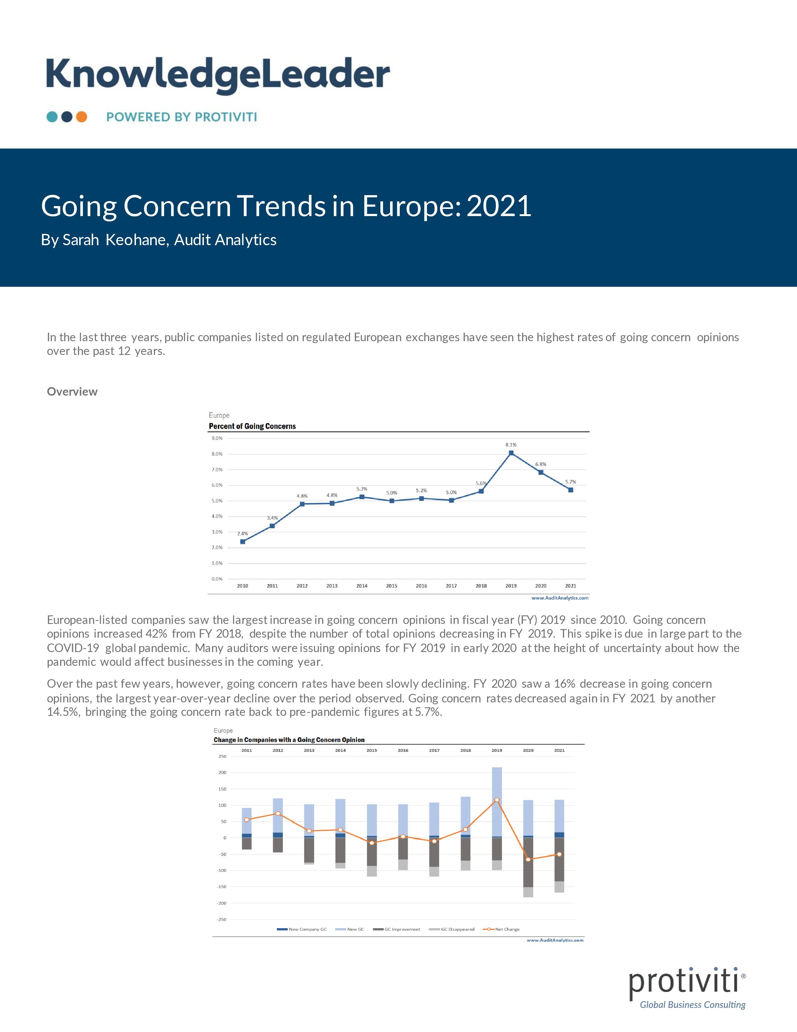 Screenshot of the first page of Going Concern Trends in Europe 2021