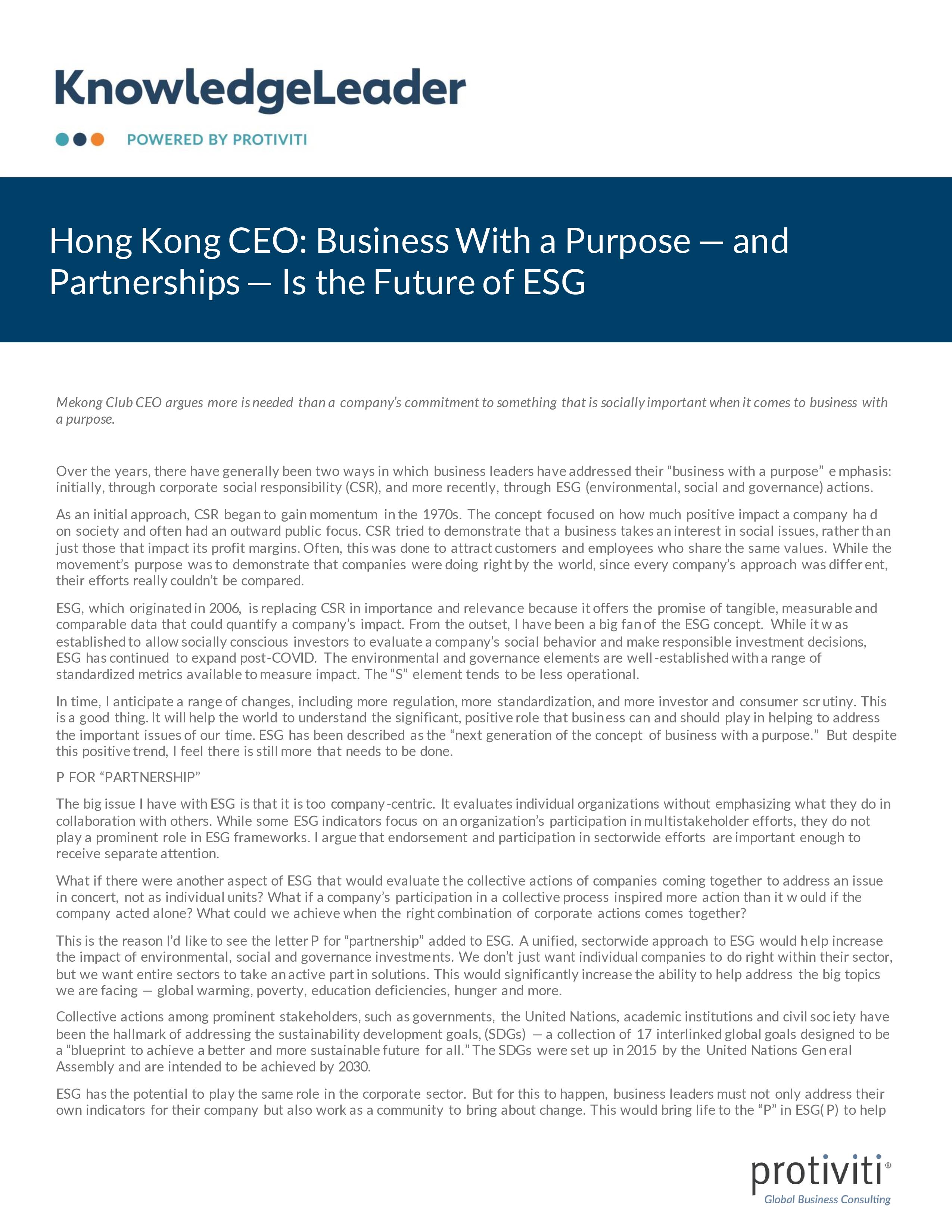 Screenshot of the first page of Hong Kong CEO Business With a Purpose — and Partnerships — Is the Future of ESG