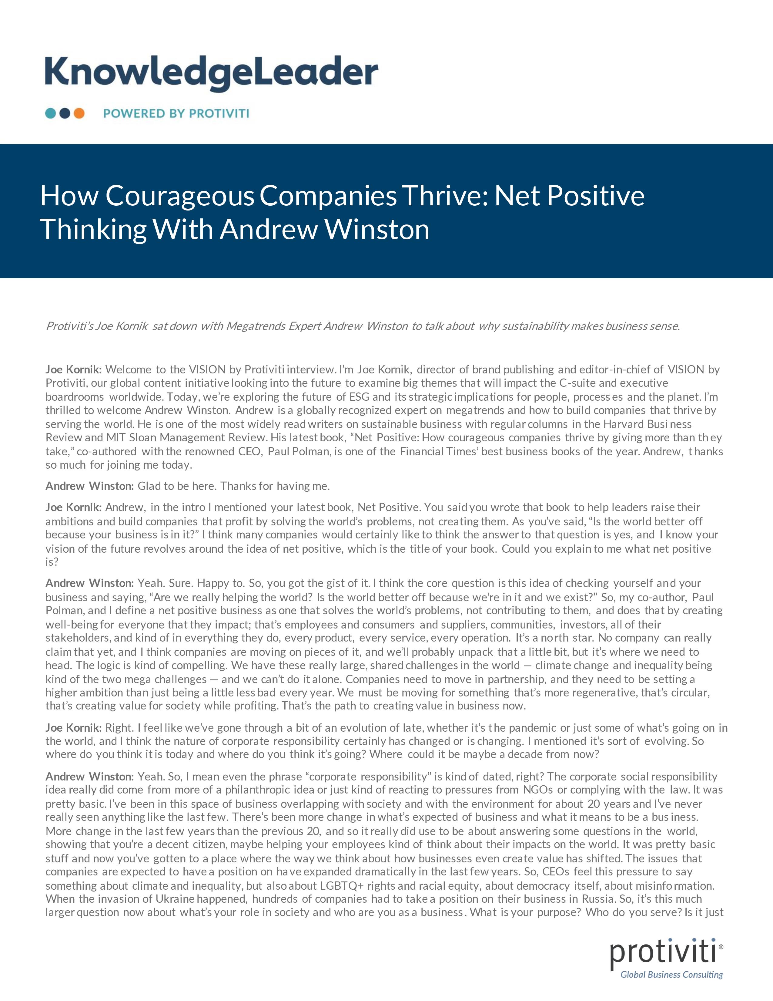 Screenshot of the first page of How Courageous Companies Thrive Net Positive Thinking With Andrew Winston