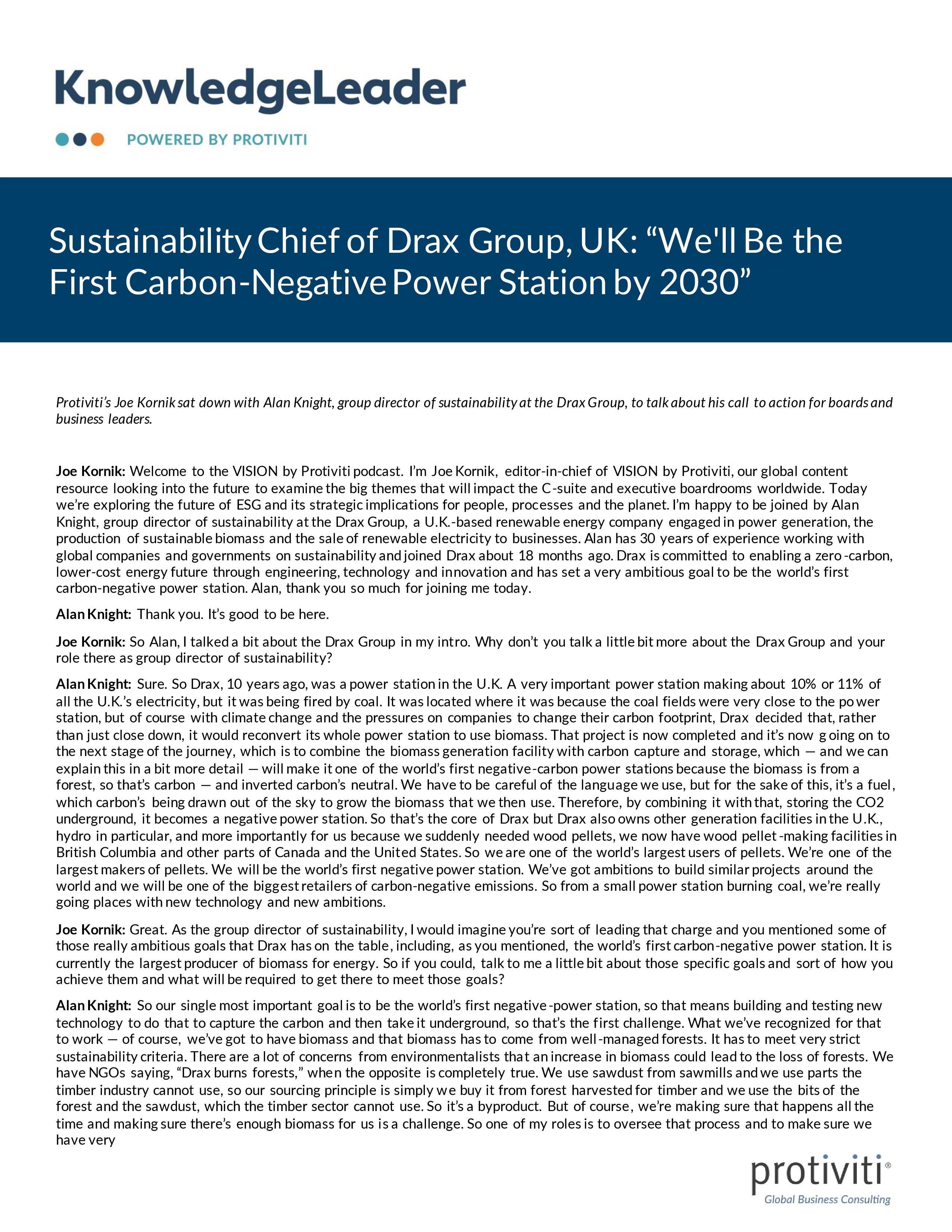 Screenshot of the first page of Sustainability Chief of Drax Group, UK “We ll Be the First Carbon-Negative Power Station by 2030”