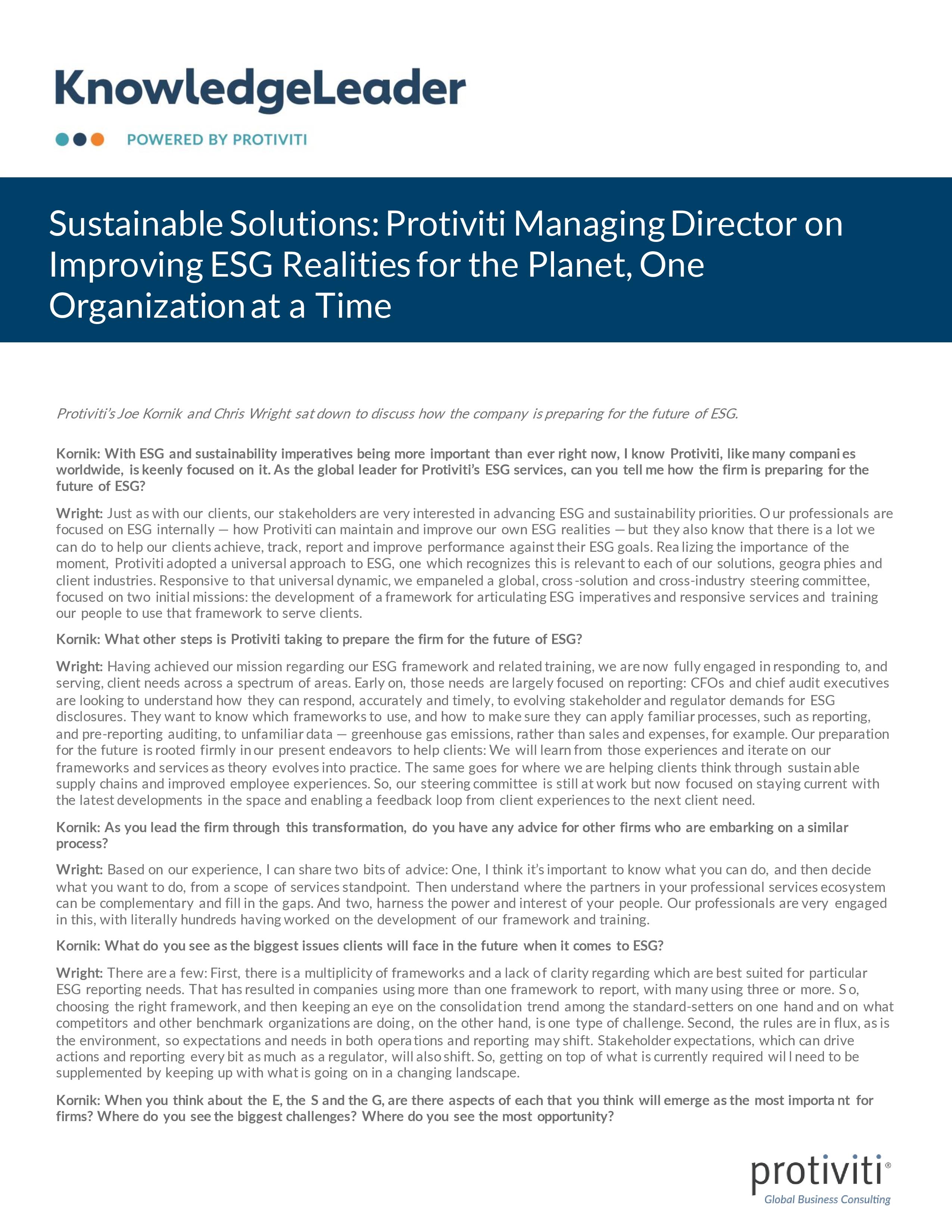 Screenshot of the first page of Sustainable Solutions Protiviti Managing Director on Improving ESG Realities for the Planet, One Organization at a Time