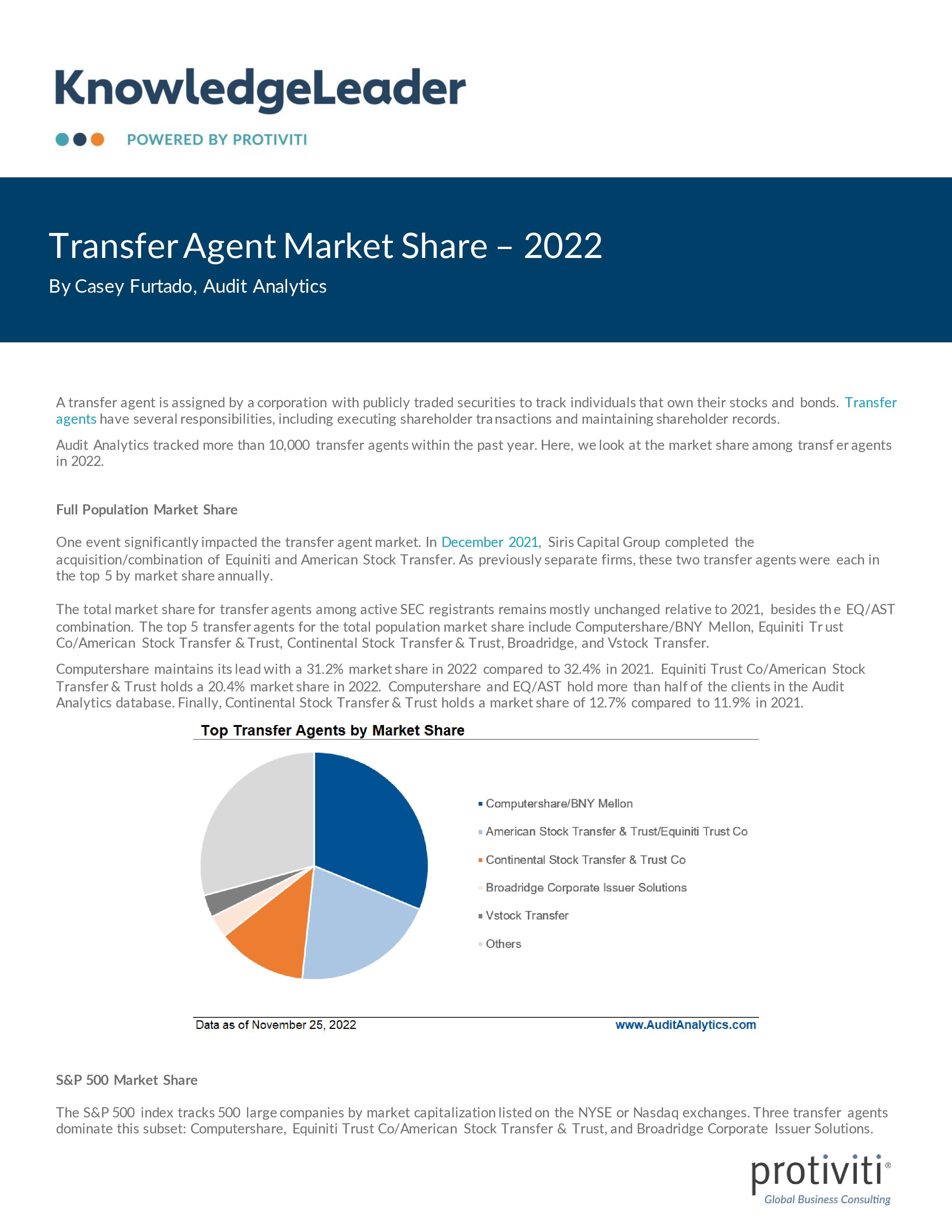 Screenshot of the first page of Transfer Agent Market Share – 2022