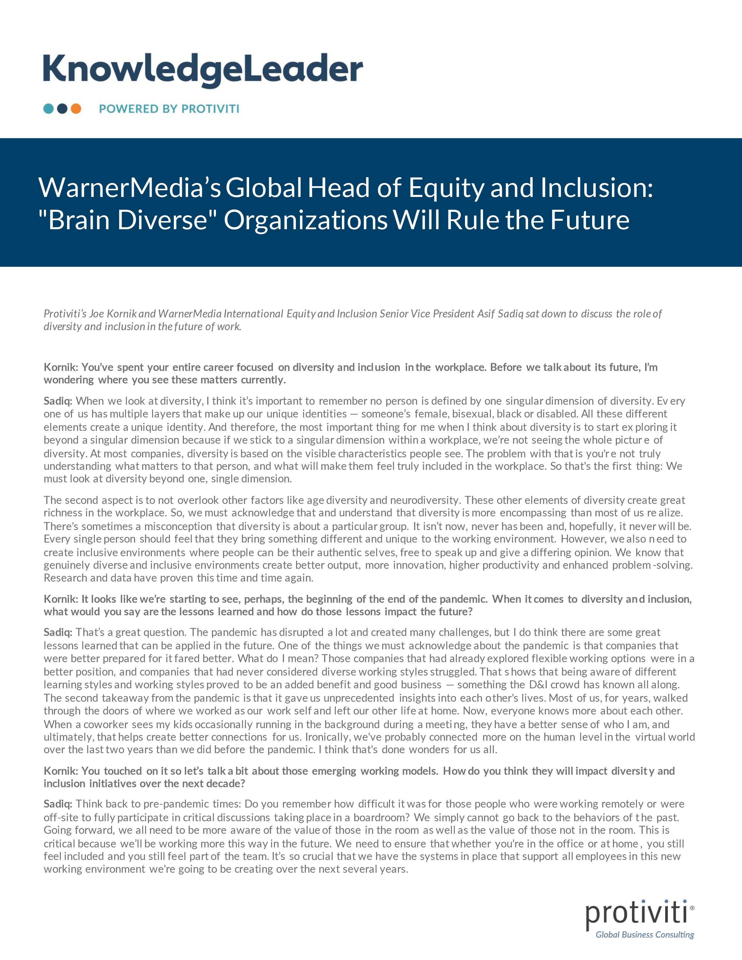 Screenshot of the first page of WarnerMedia’s Global Head of Equity and Inclusion Brain Diverse Organizations Will Rule the Future