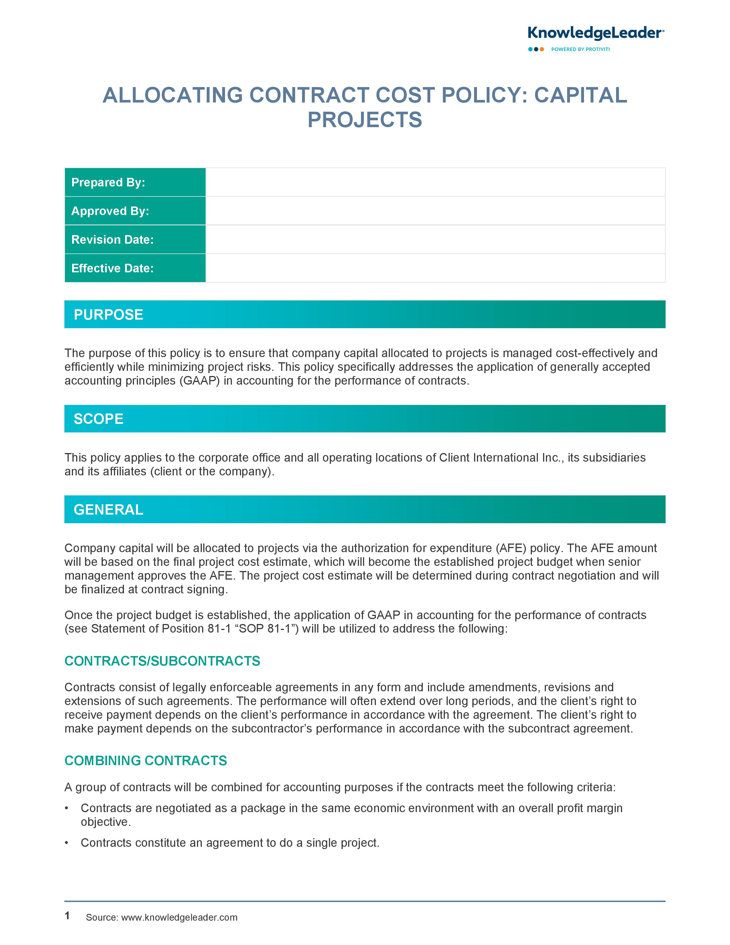 screenshot of the first page of Allocating Contract Cost Policy Capital Projects