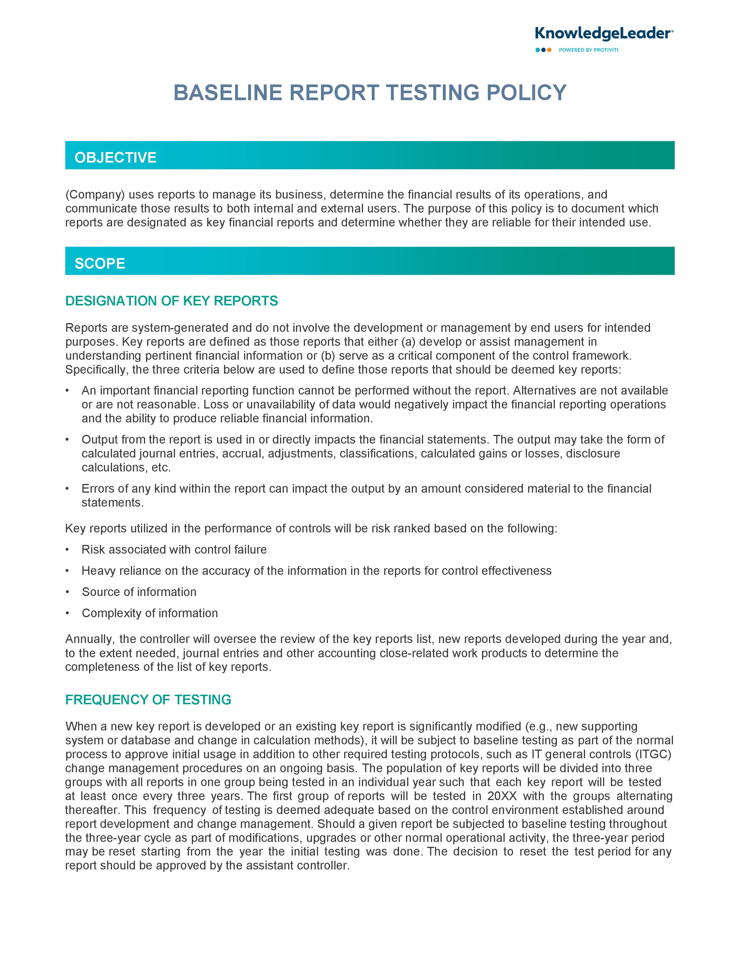 screenshot of the first page of Baseline Report Testing Policy