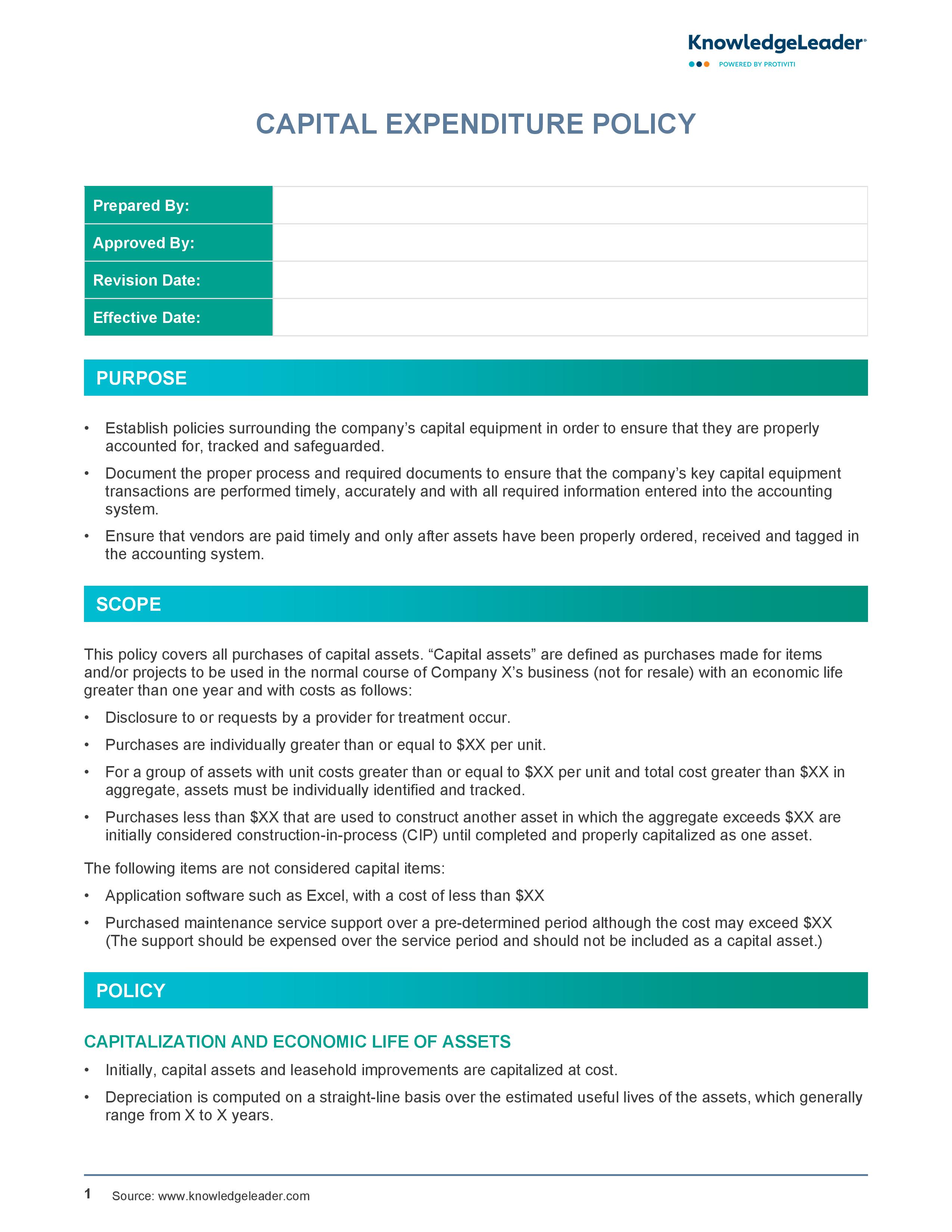 screenshot of the first page of Capital Expenditure Policy