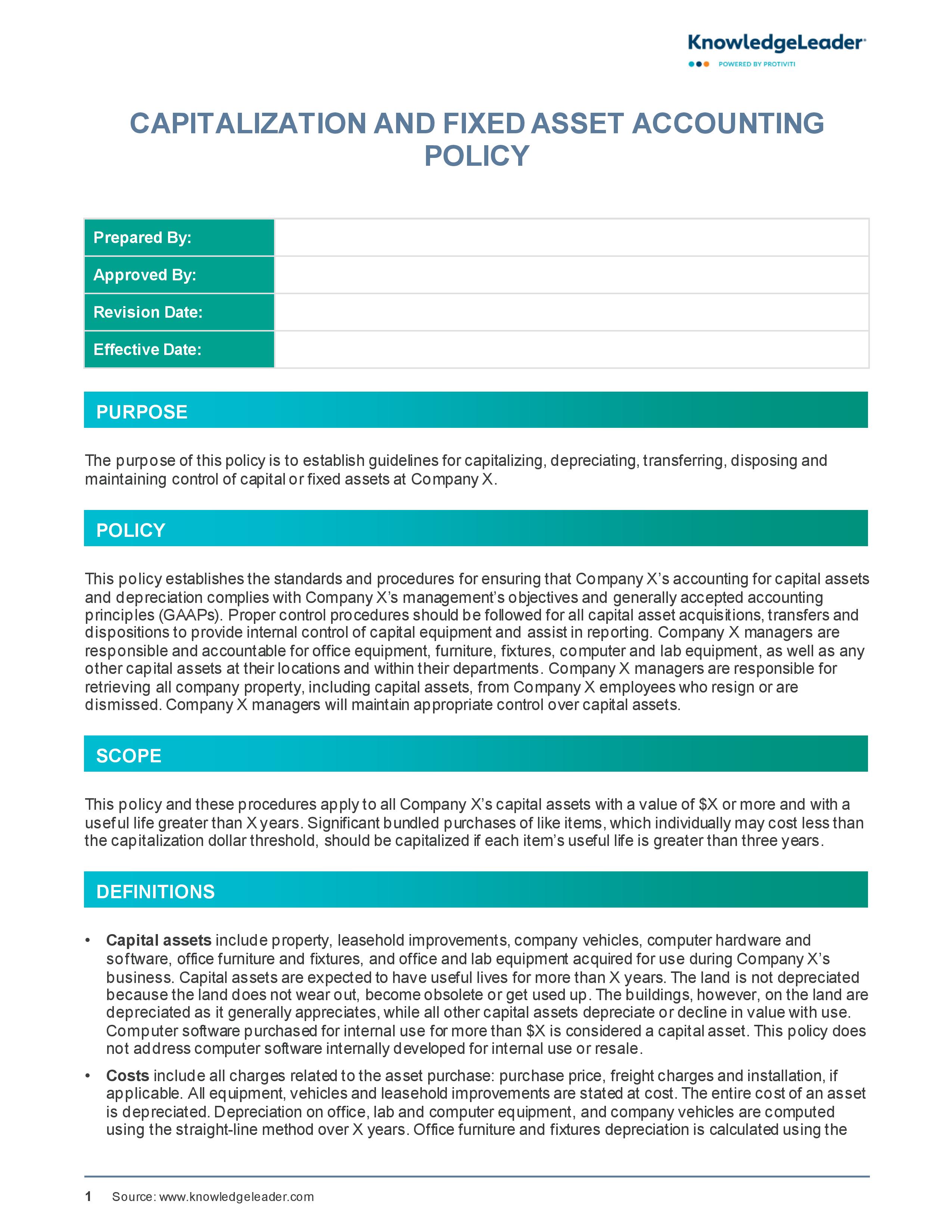 Screenshot of the first page of Capitalization and Fixed Asset Accounting Policy