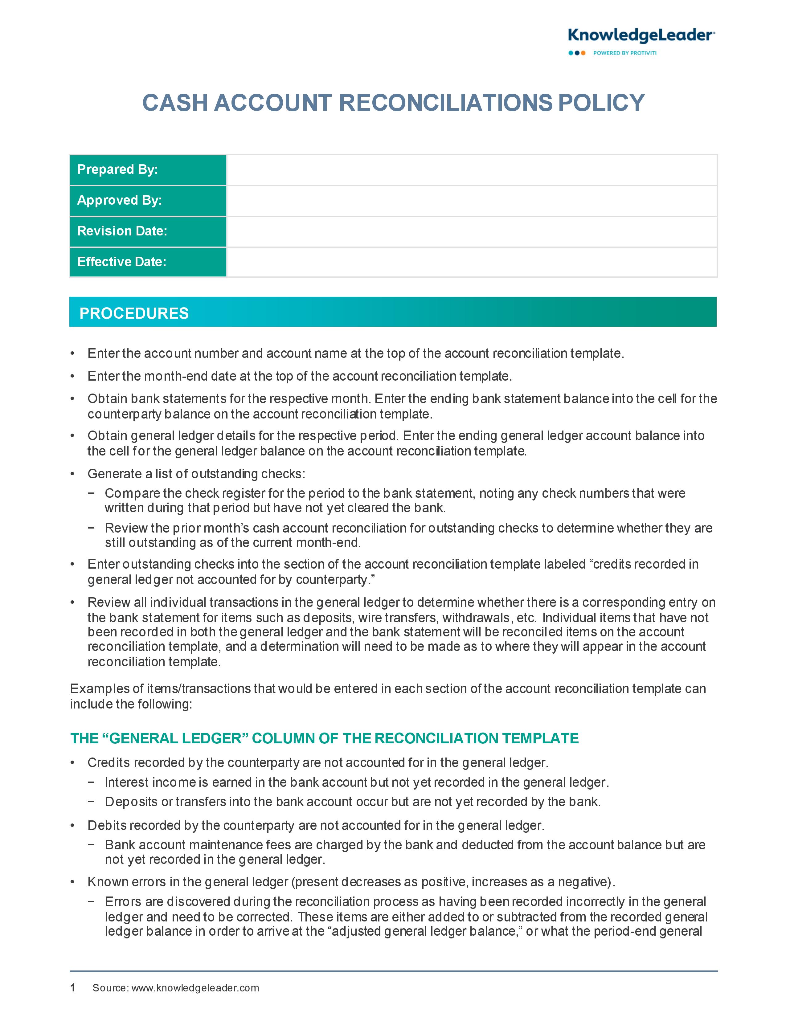 Screenshot of the first page of Cash Account Reconciliations Policy