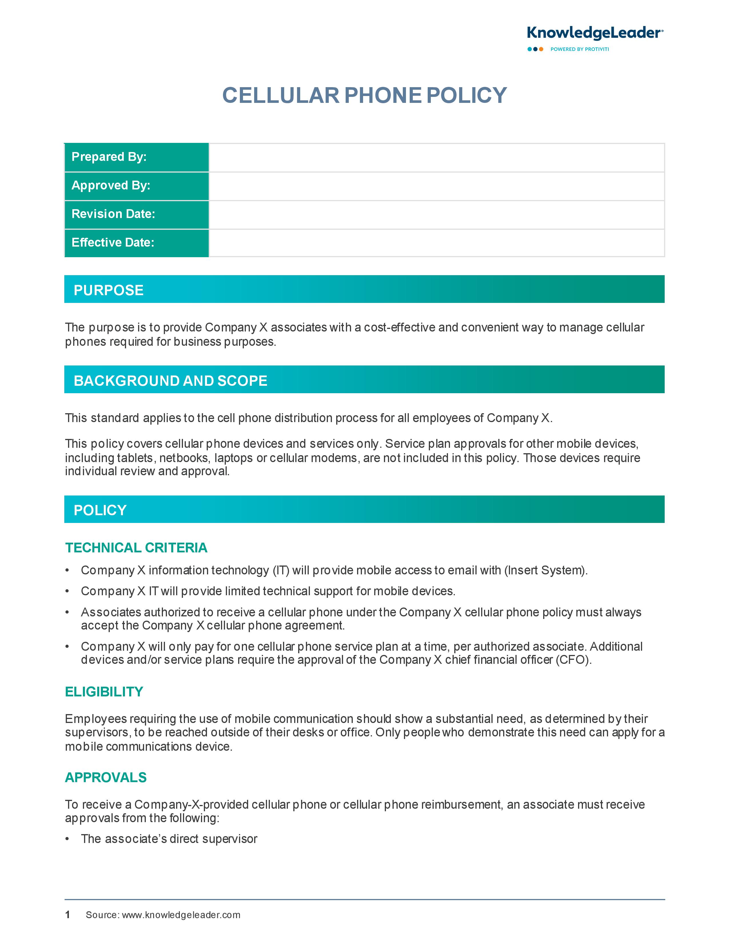 screenshot of the first page of Cellular Phone Policy