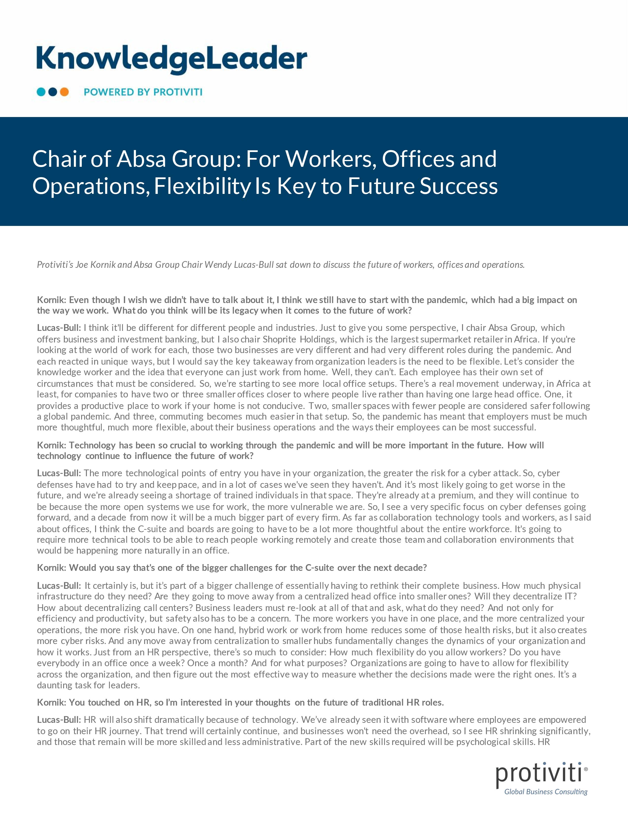 screenshot of the first page of Chair of Absa Group for Workers, Offices and Operations, Flexibility Is Key to Future Success