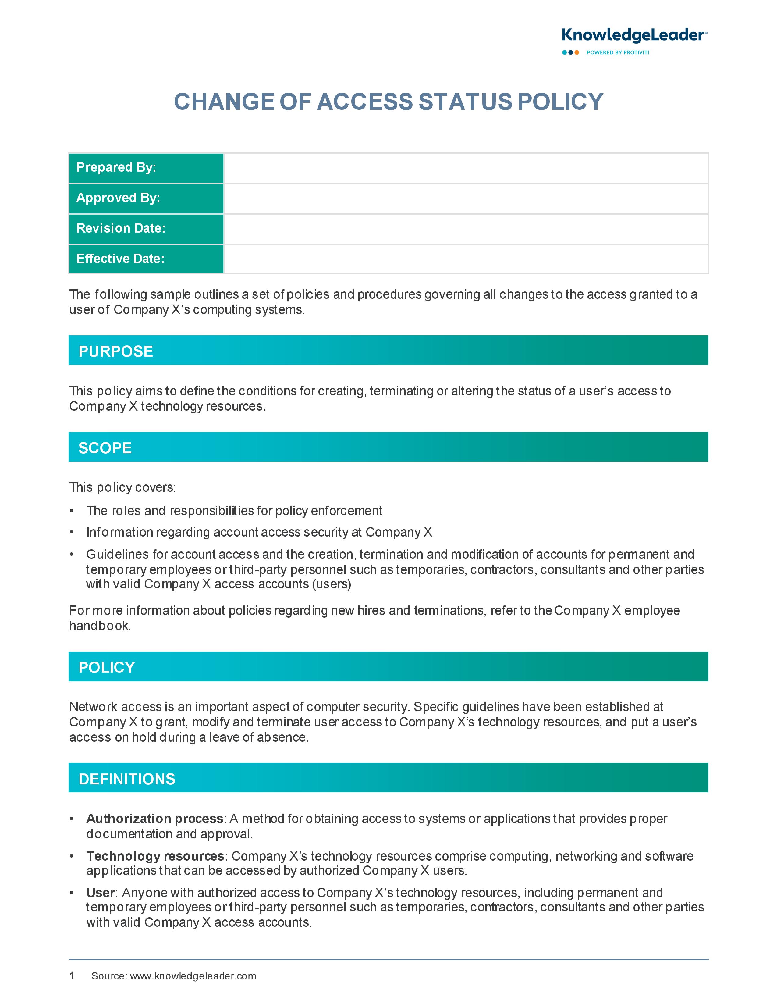 screenshot of the first page of Change of Access Status Policy