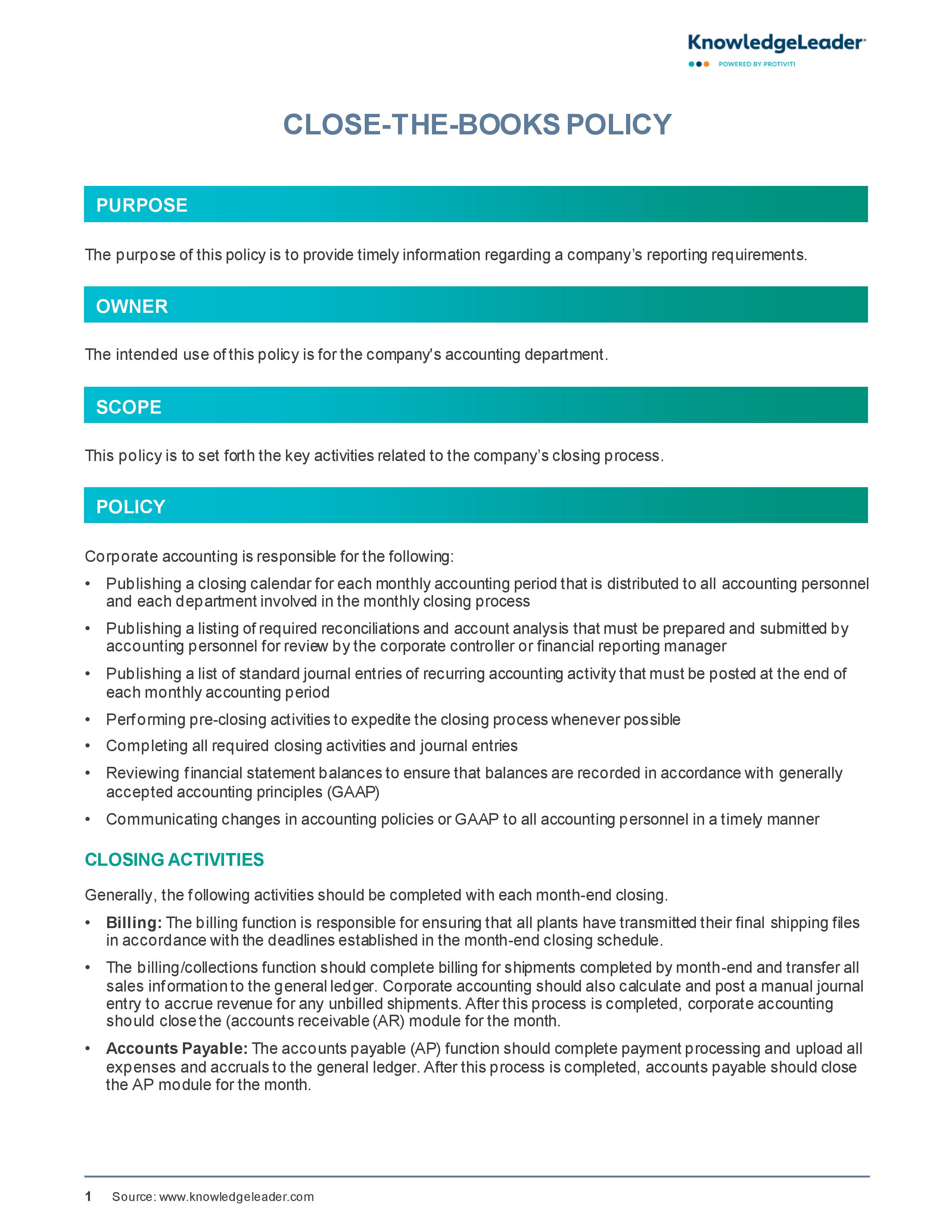 Screenshot of the first page of Close-the-Books Policy