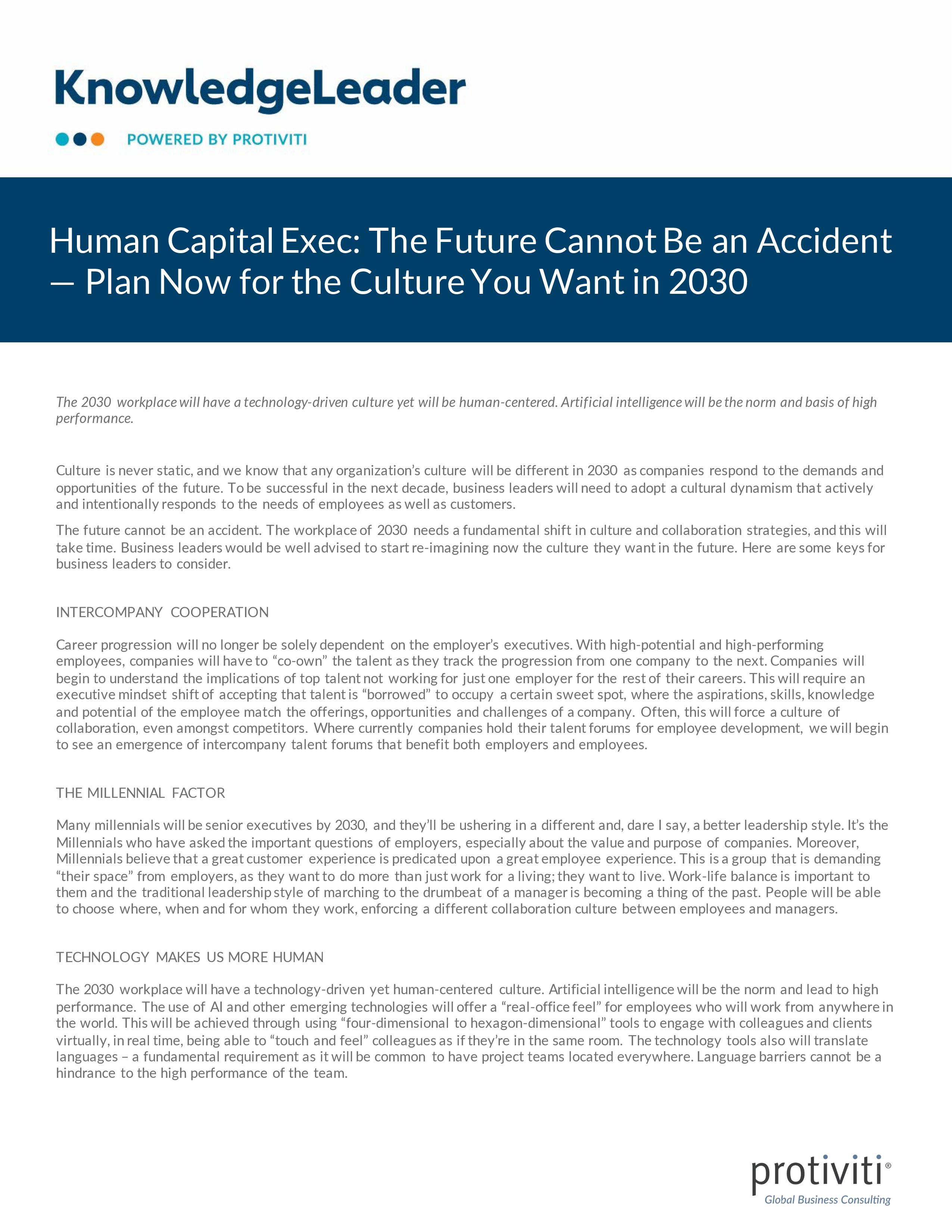 screenshot of the first page of Human Capital Exec The Future Cannot Be an Accident — Plan Now for the Culture You Want in 2030