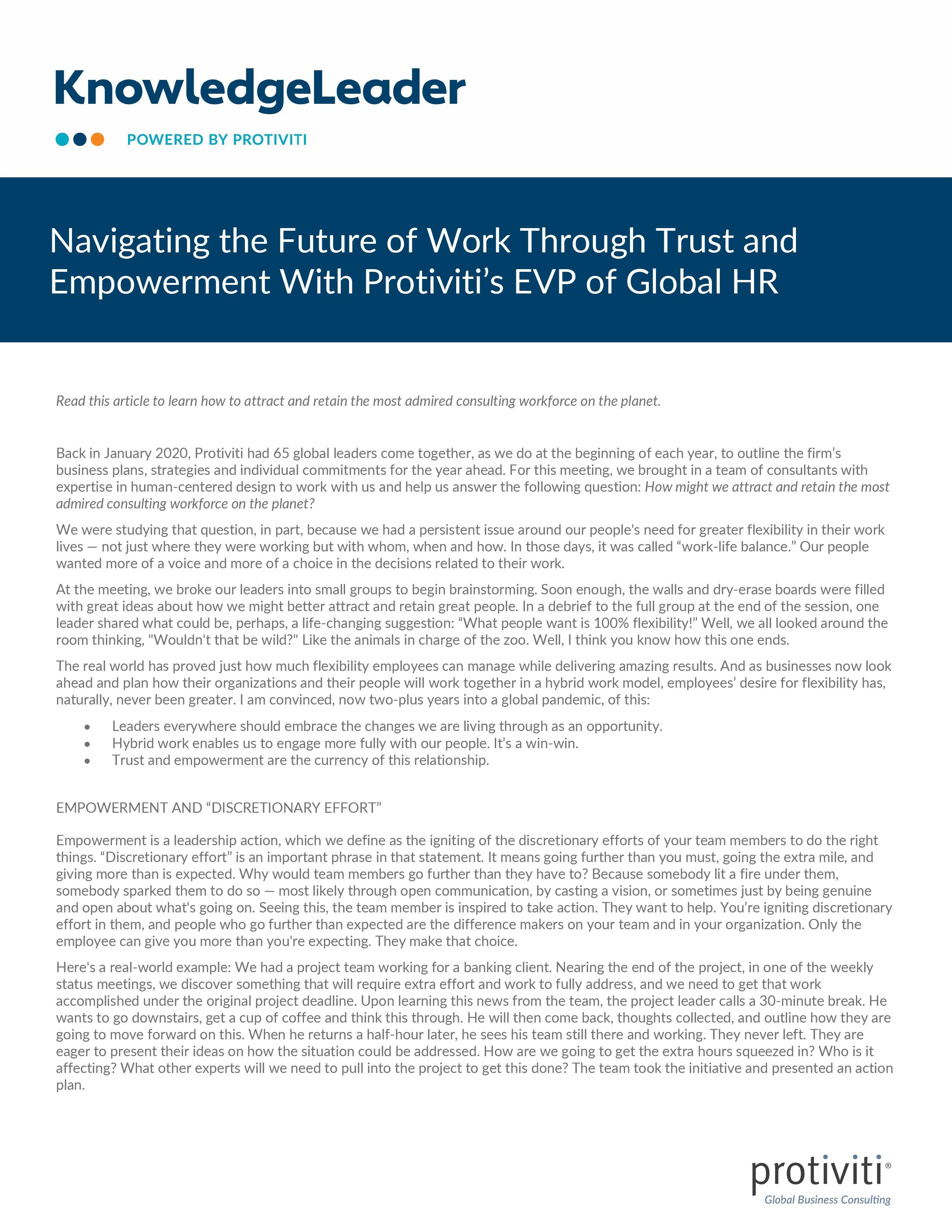 screenshot of the first page of Navigating the Future of Work Through Trust and Empowerment With Protiviti’s EVP of Global HR