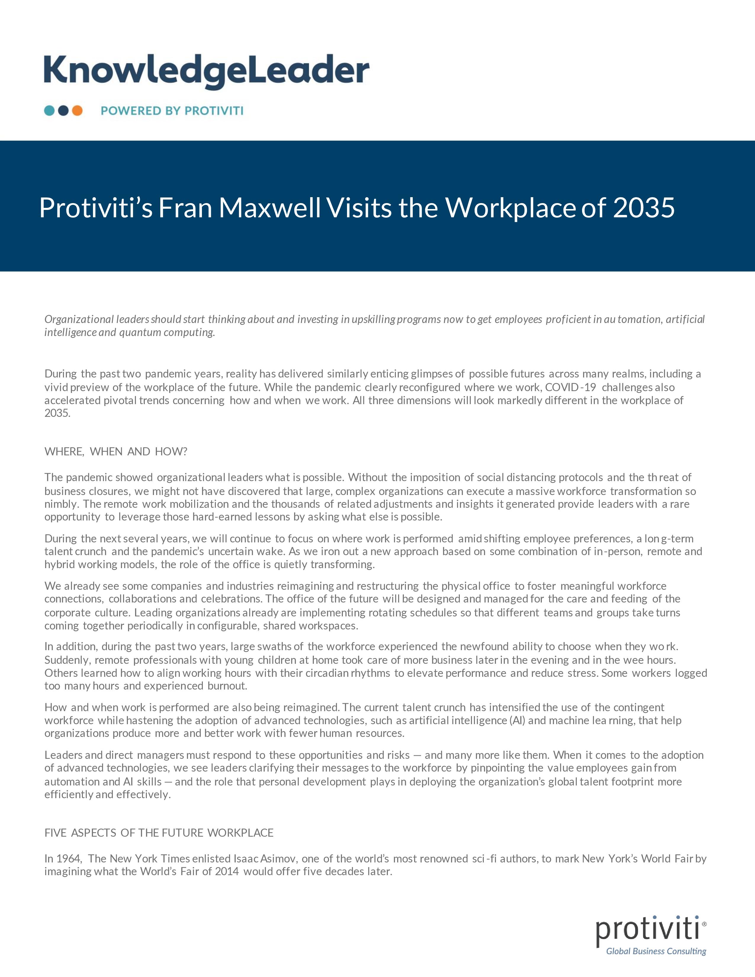 Screenshot of the first page of Protiviti’s Fran Maxwell Visits the Workplace of 2035