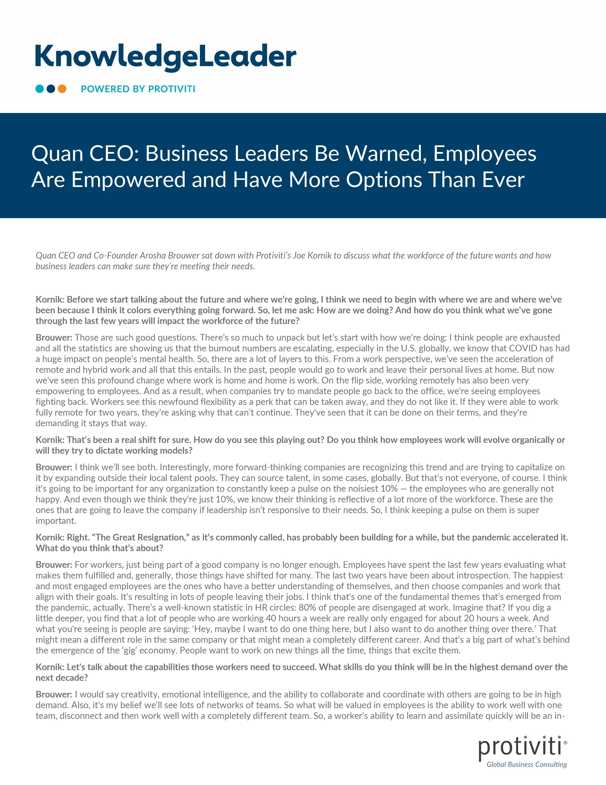 screenshot of the first page of Quan CEO Business Leaders Be Warned, Employees Are Empowered and Have More Options Than Ever