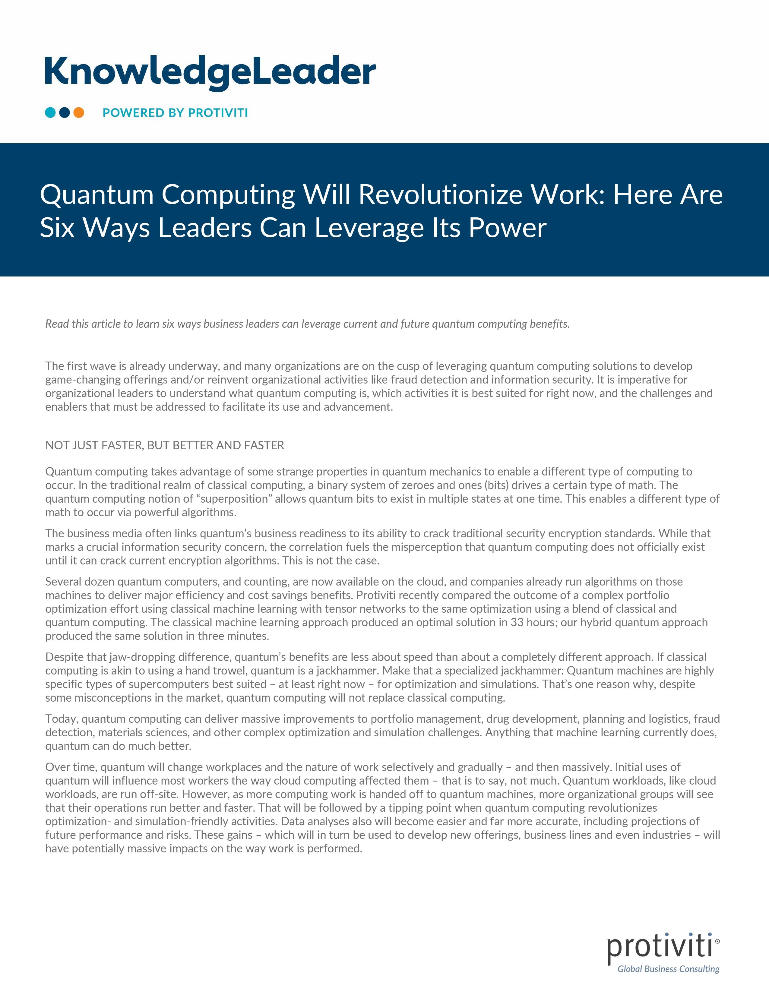 screenshot of the first page of Quantum Computing Will Revolutionize Work Here Are Six Ways Leaders Can Leverage Its Power