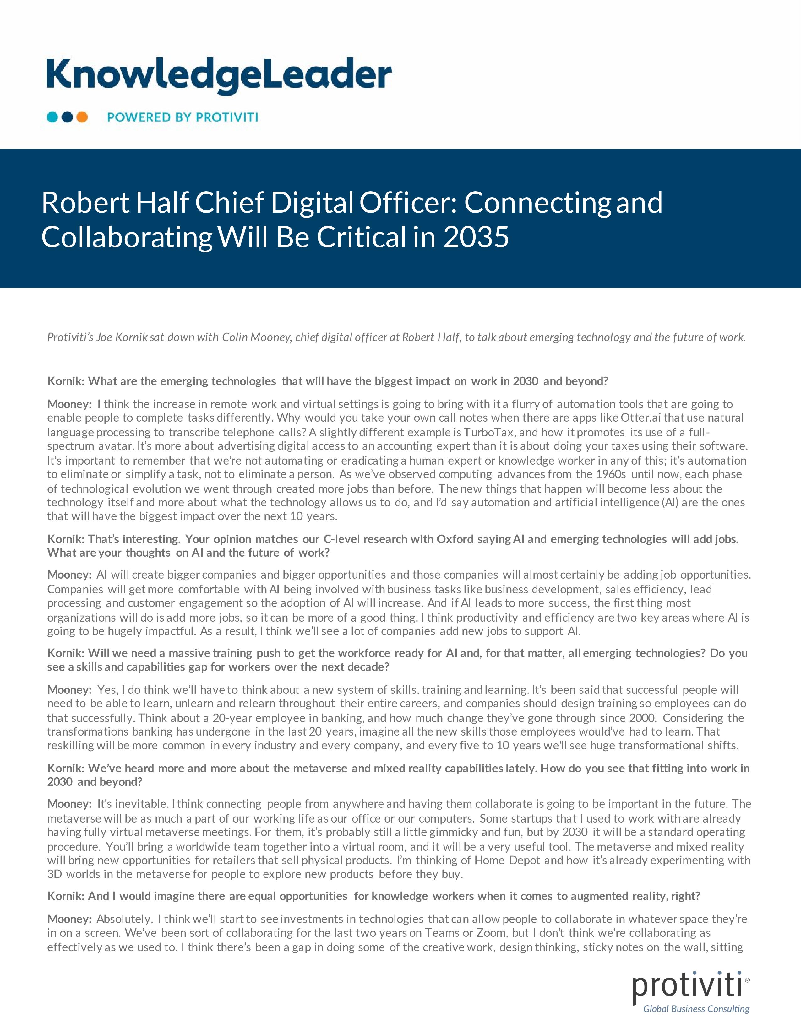 screenshot of the first page of Robert Half Chief Digital Officer Connecting and Collaborating Will Be Critical in 2035