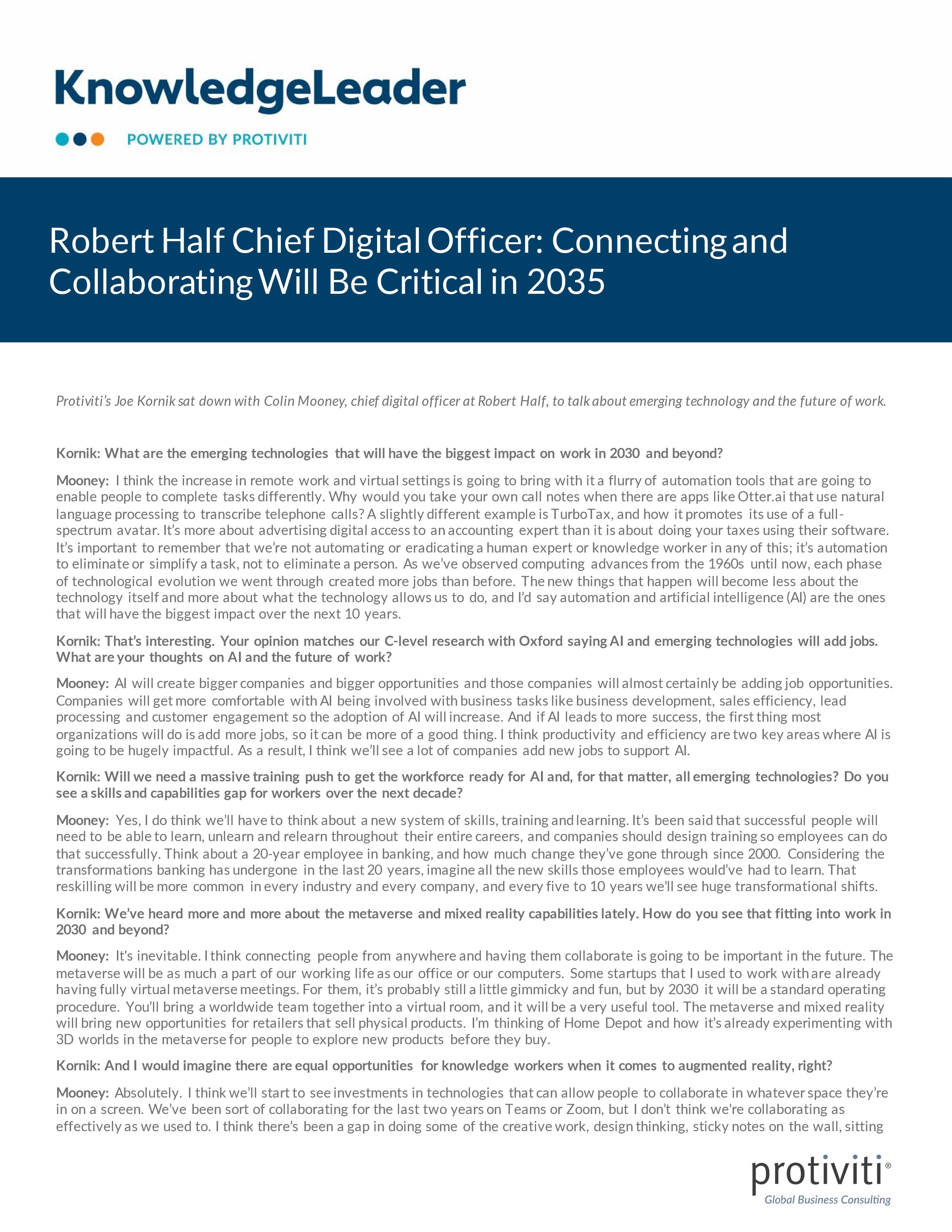 screenshot of the first page of Robert Half Chief Digital Officer Connecting and Collaborating Will Be Critical in 2035