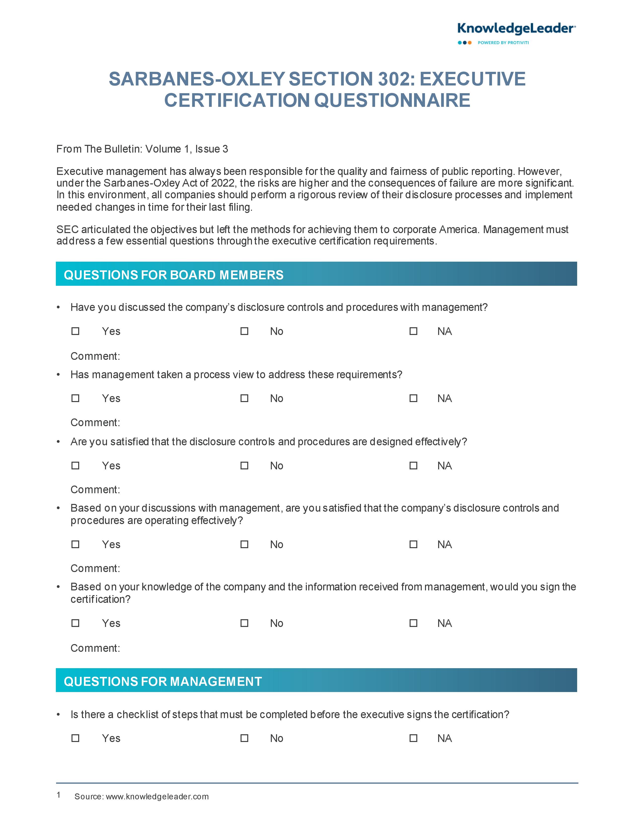 Screenshot of the first page of Sarbanes-Oxley Section 302 - Executive Certification Questionnaire