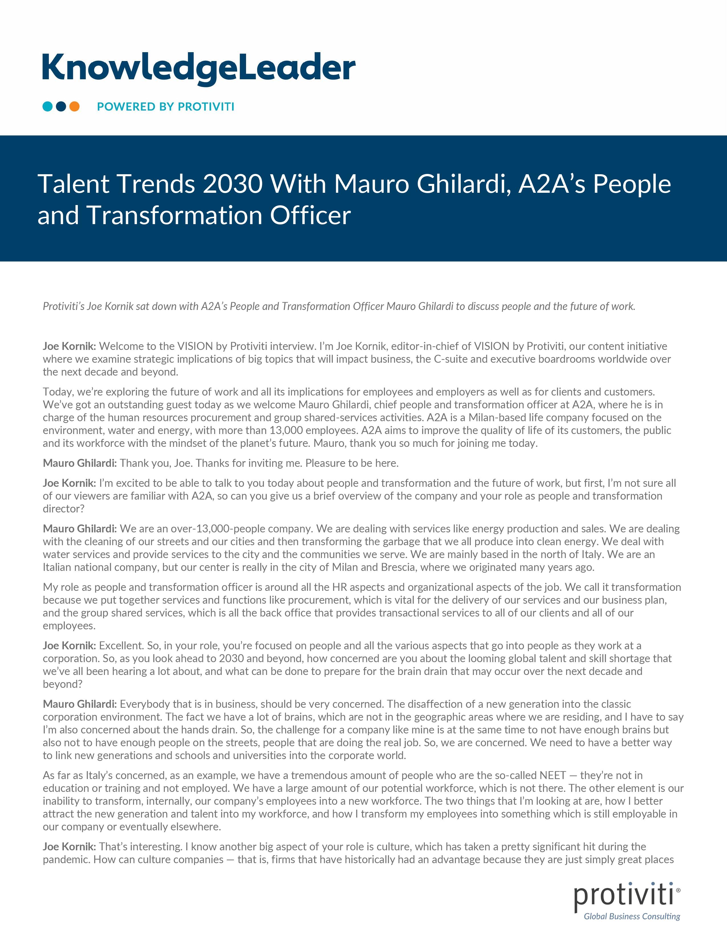 screenshot of the first page of Talent Trends 2030 With Mauro Ghilardi, A2A’s People and Transformation Officer
