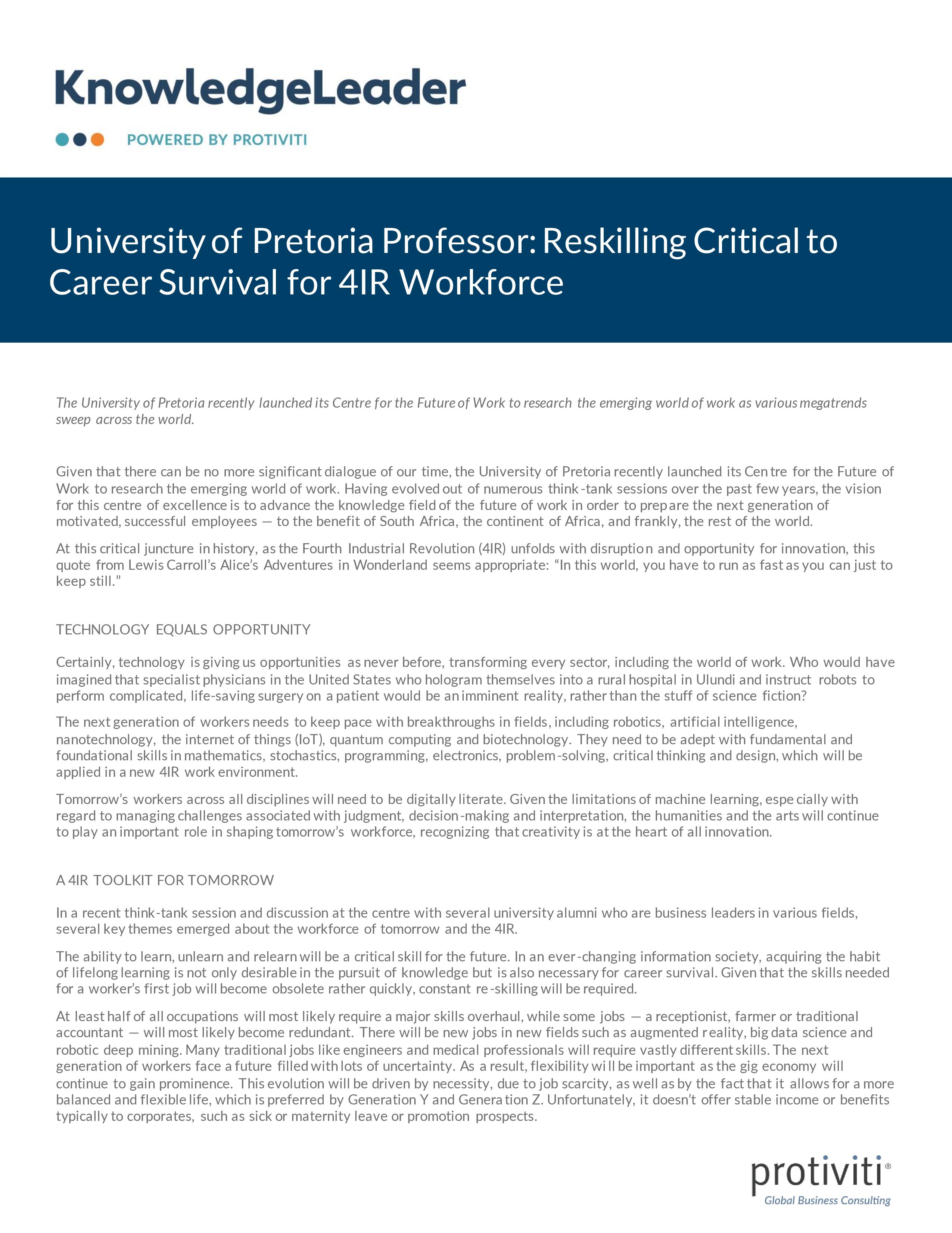 Screenshot of the first page of University of Pretoria Professor Reskilling Critical to Career Survival for 4IR Workforce