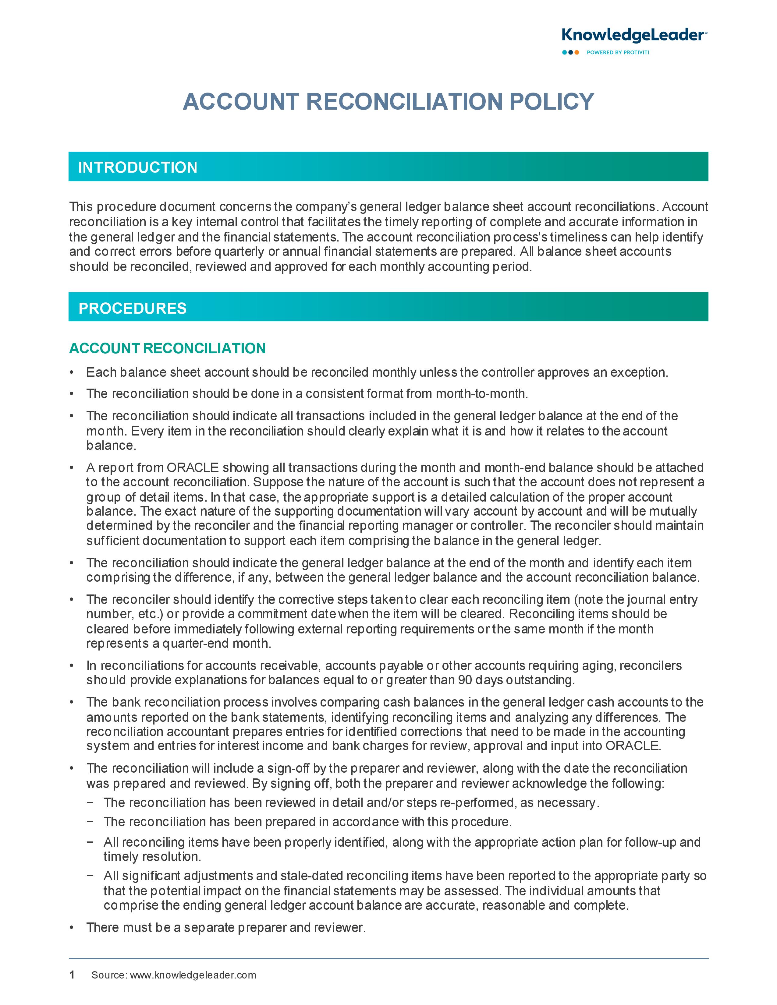 screenshot of the first page of Account Reconciliation Policy