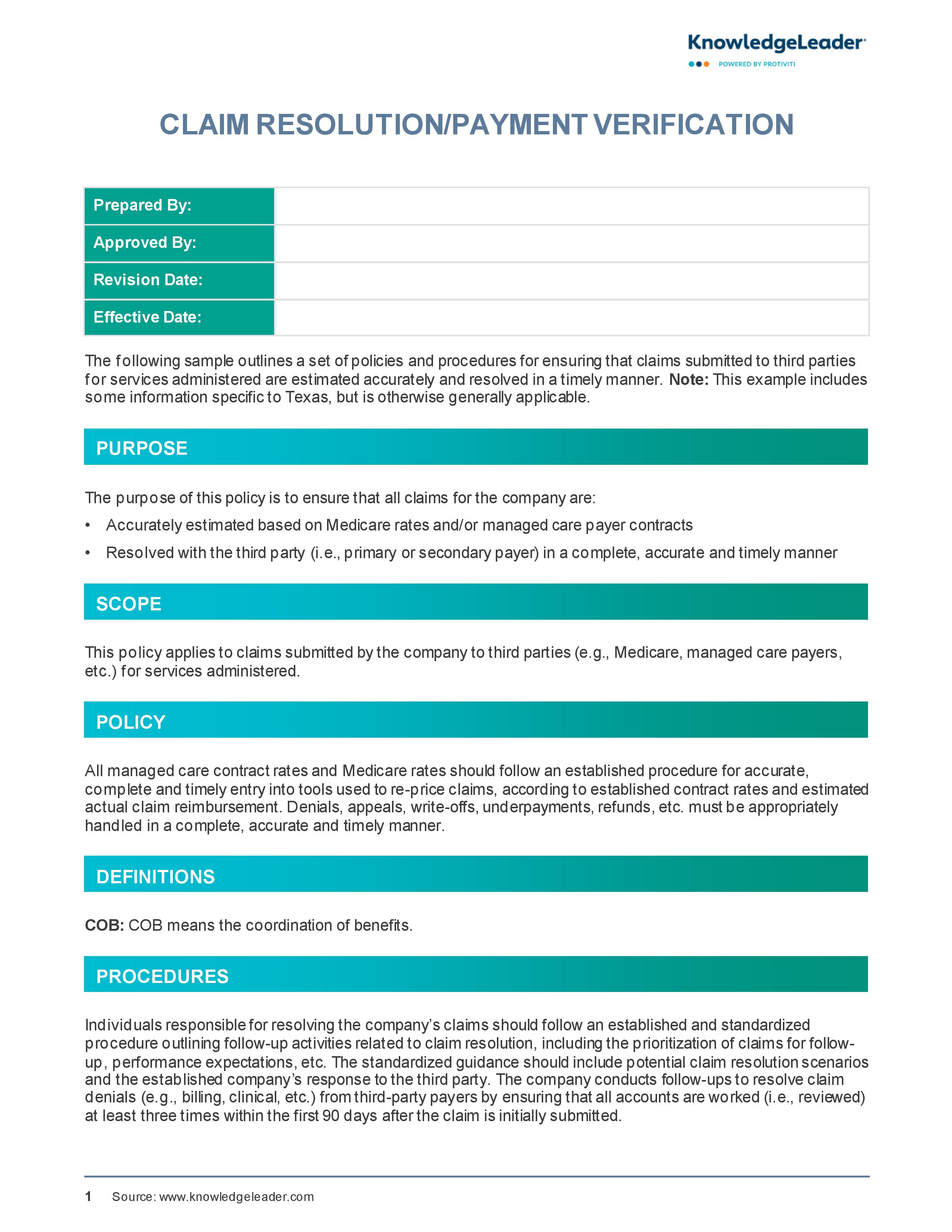 Screenshot of the first page of Claim Resolution Payment Verification Policy