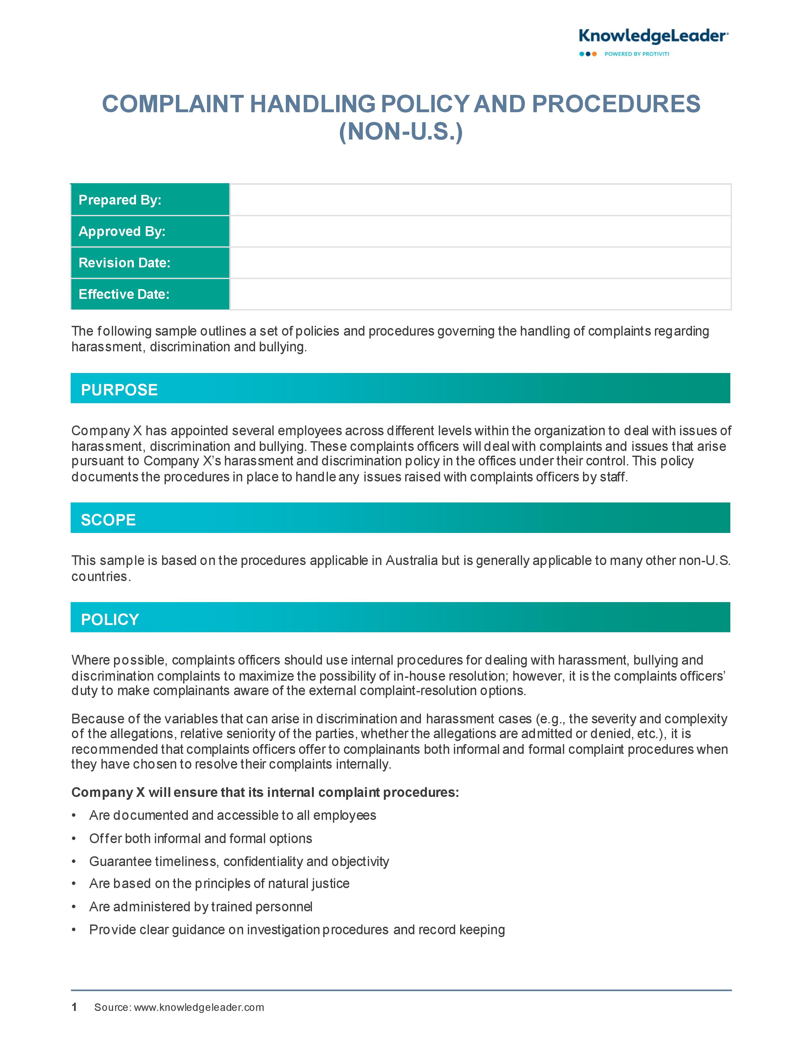 Screenshot of the first page of Complaint Handling Policy and Procedures (Non-U.S.)