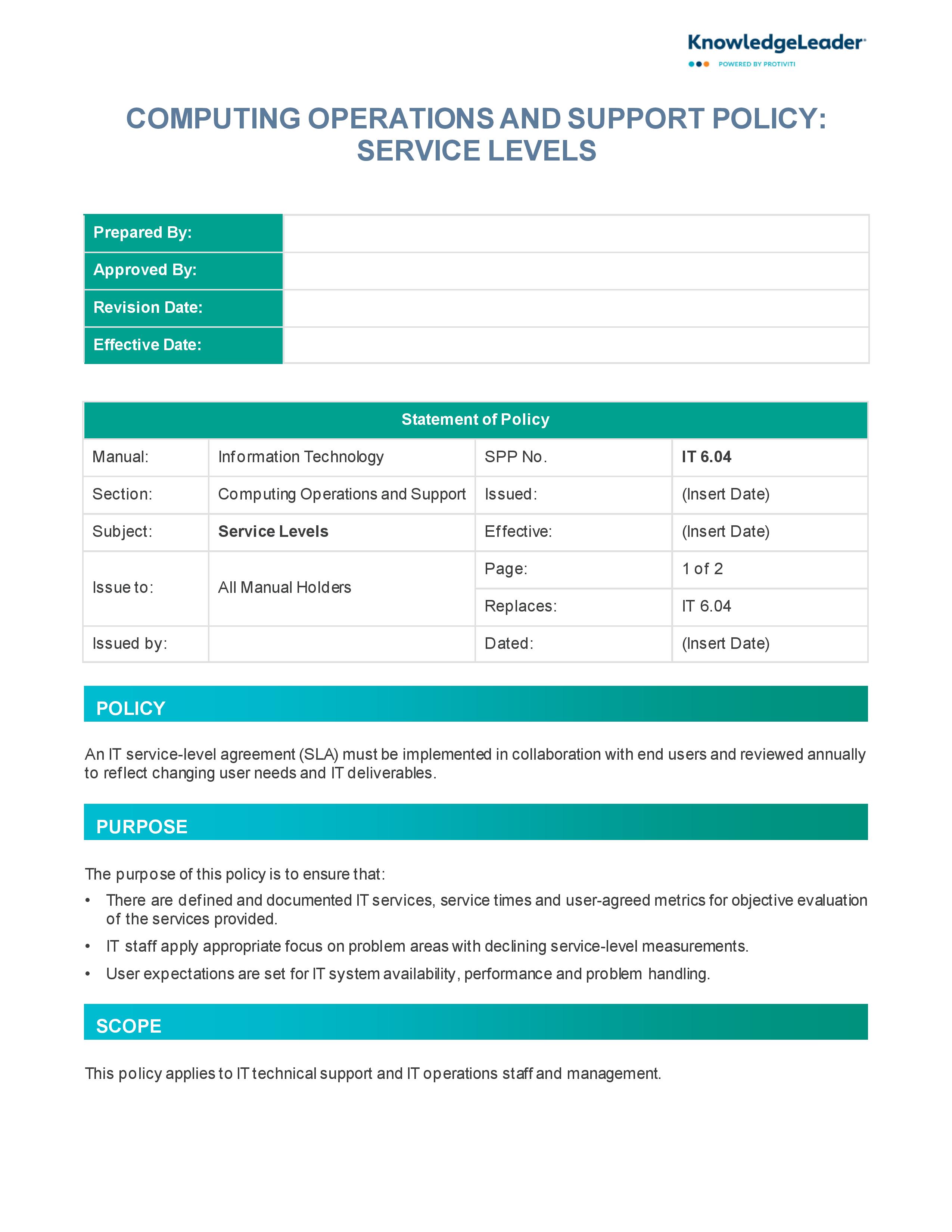 Screenshot of the first page of Computing Operations and Support Policy Service Levels