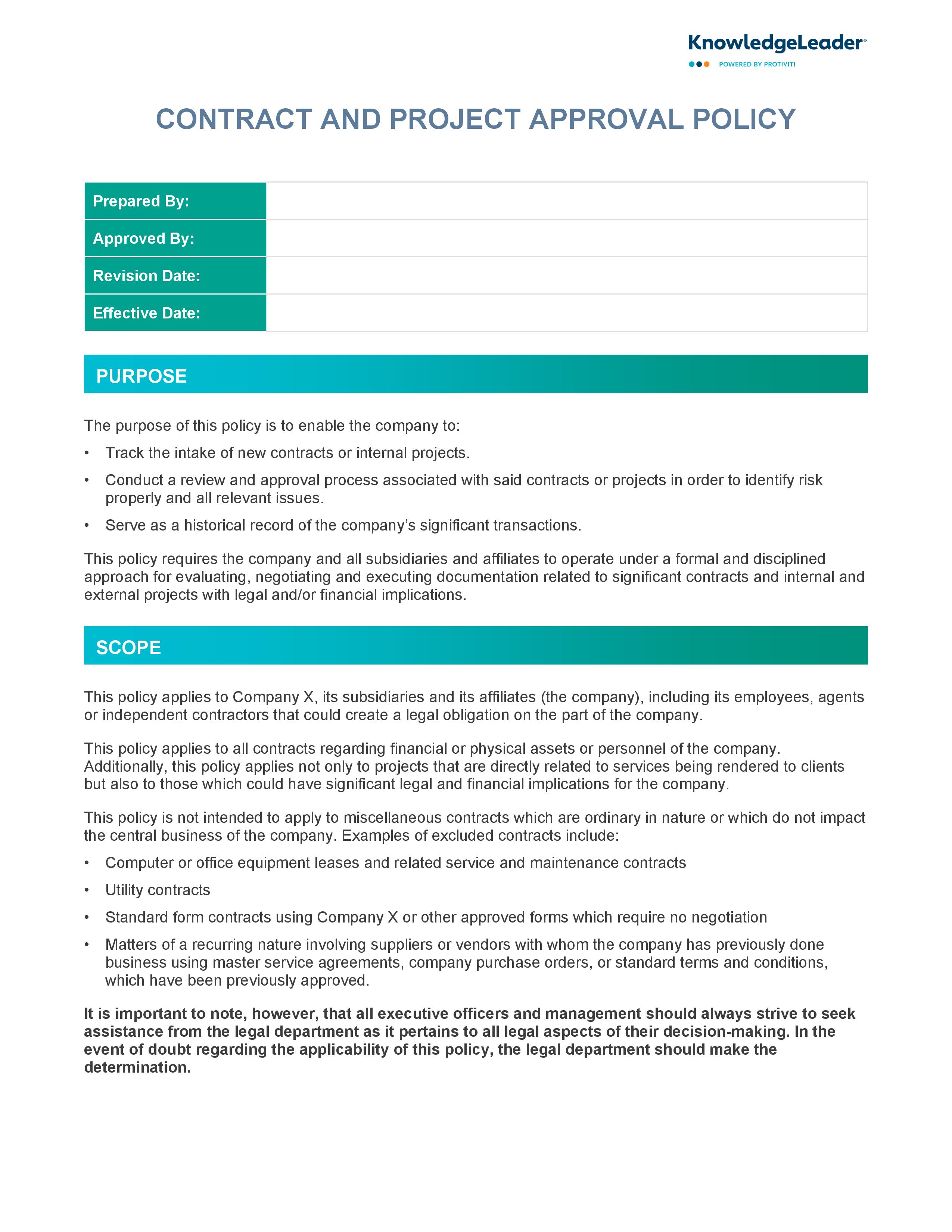 Screenshot of the first page of Contract and Project Approval Policy