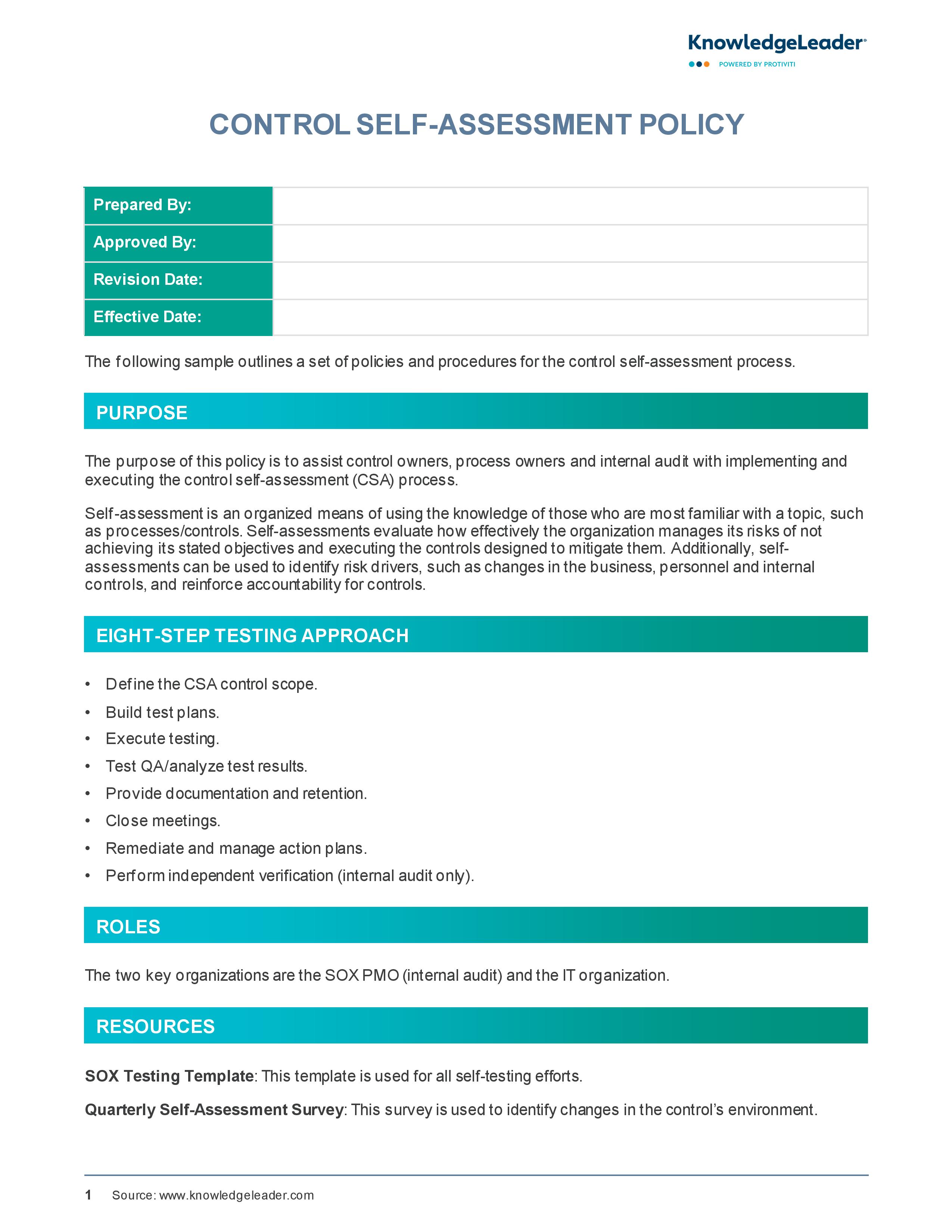 screenshot of the first page of Control Self-Assessment Policy