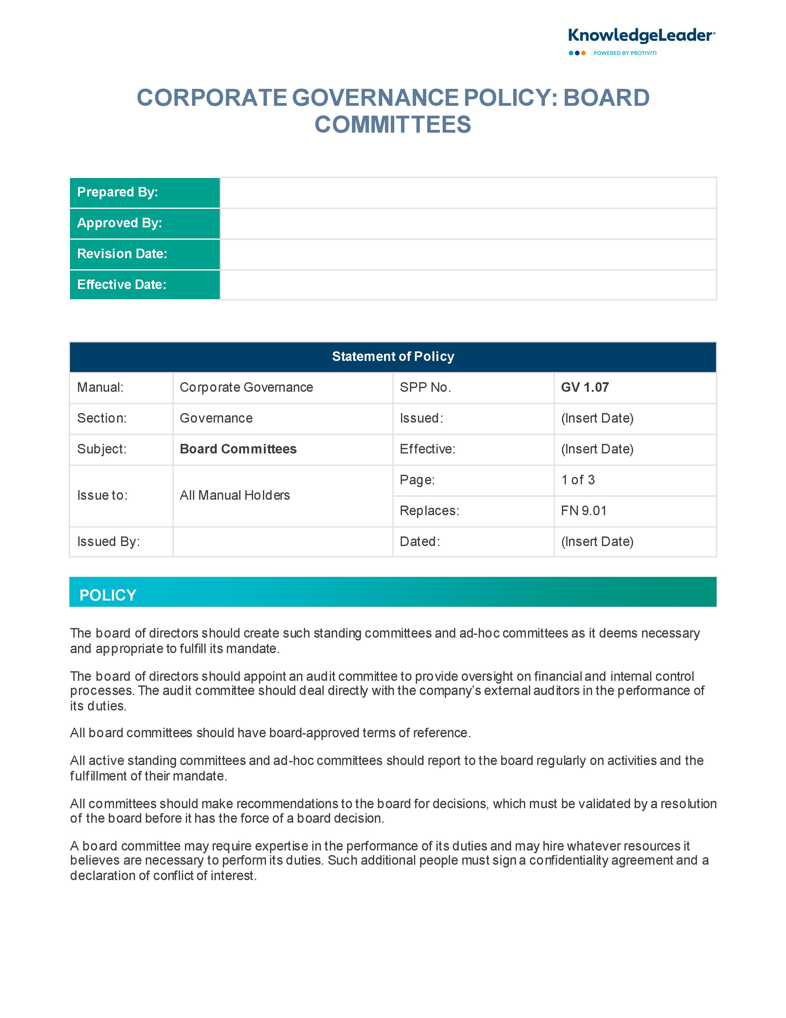 screenshot of the first page of Corporate Governance Policy - Board Committees