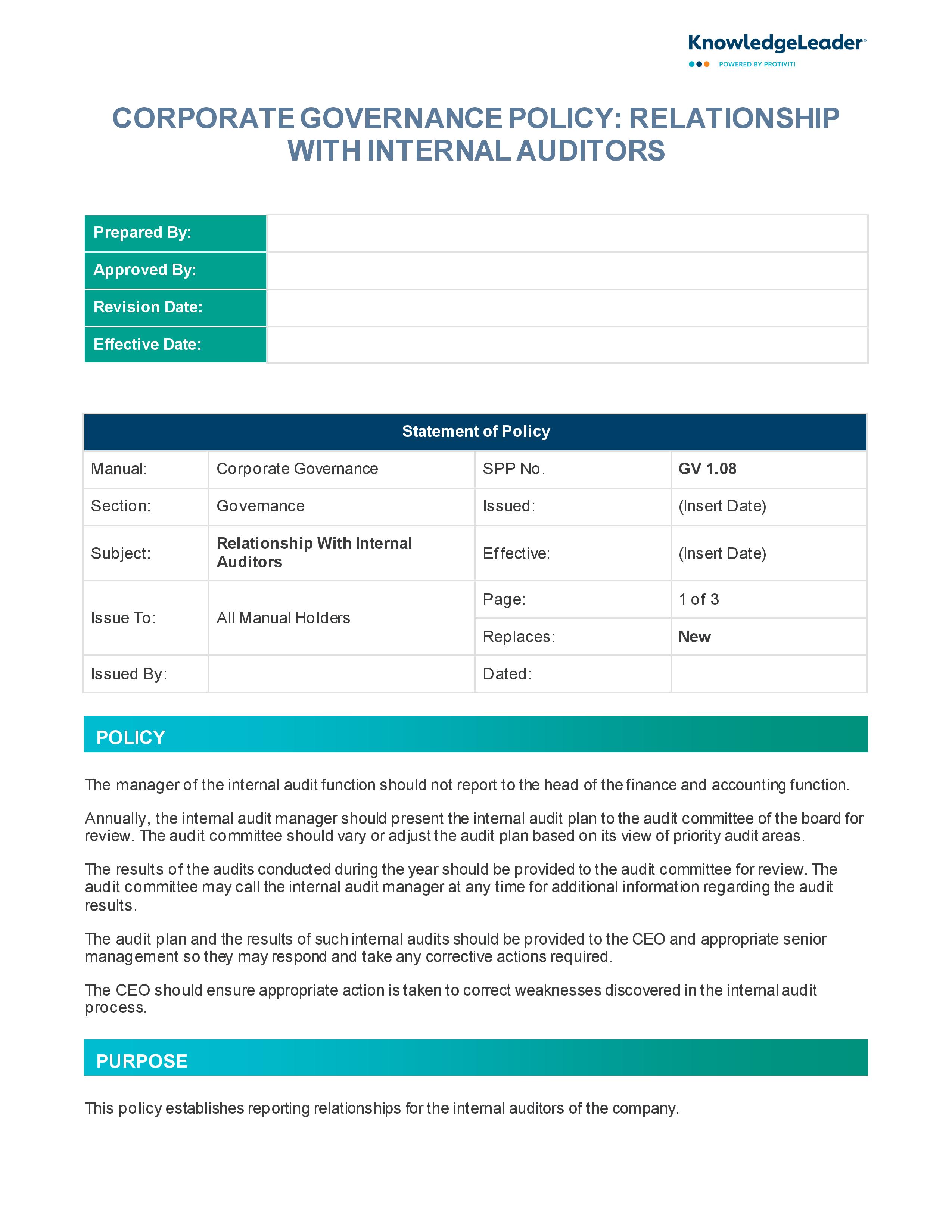 screenshot of the first page of Corporate Governance Policy - Relationship With Internal Auditors