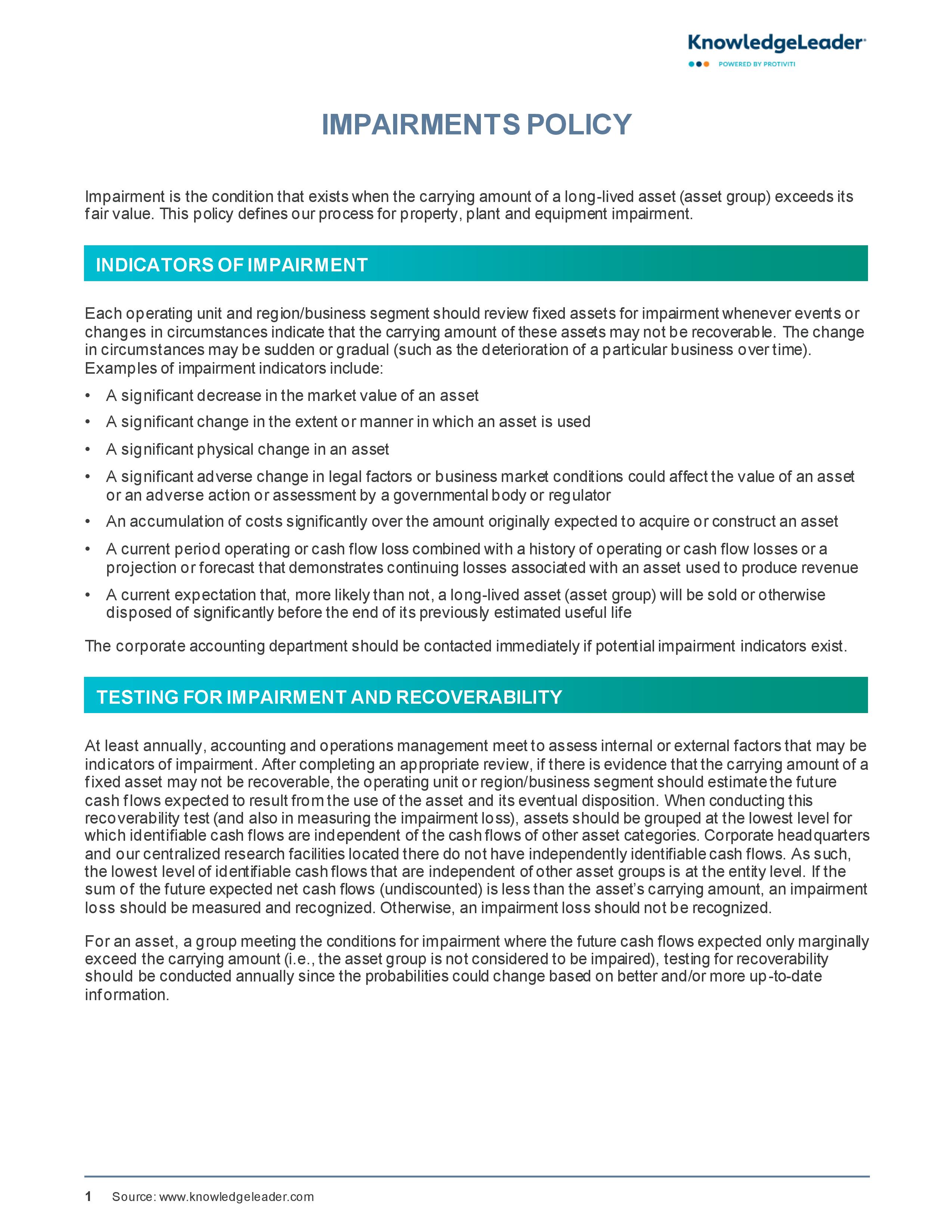 Screenshot of the first page of Impairments Policy