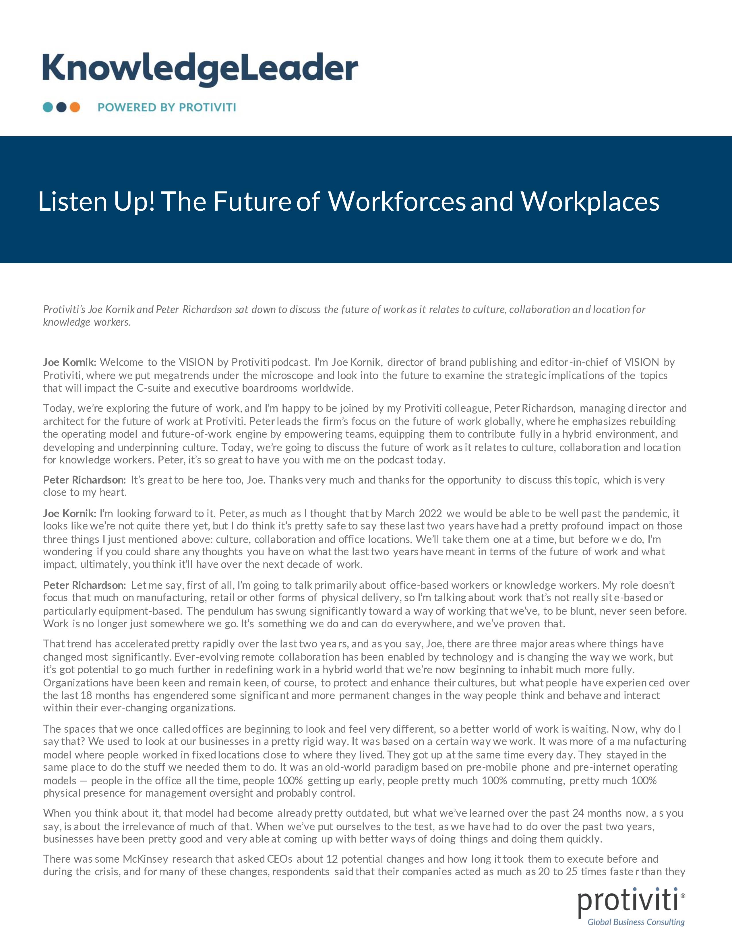 Screenshot of the first page of Listen Up! The Future of Workforces and Workplaces