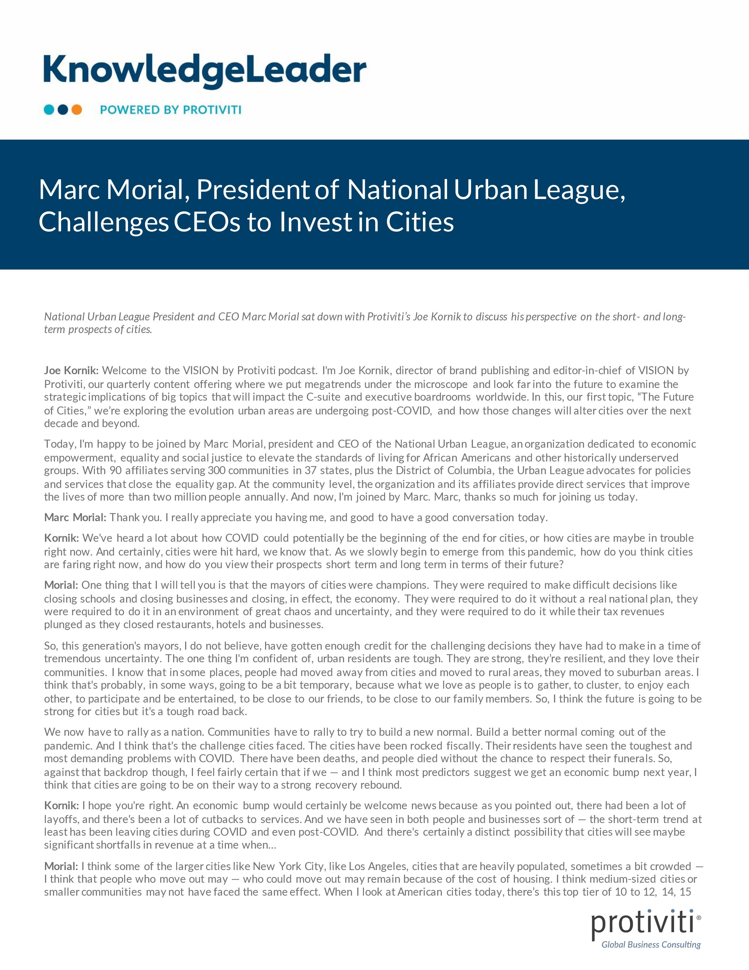 screenshot of the first page of Marc Morial, President of National Urban League, Challenges CEOs to Invest in Cities