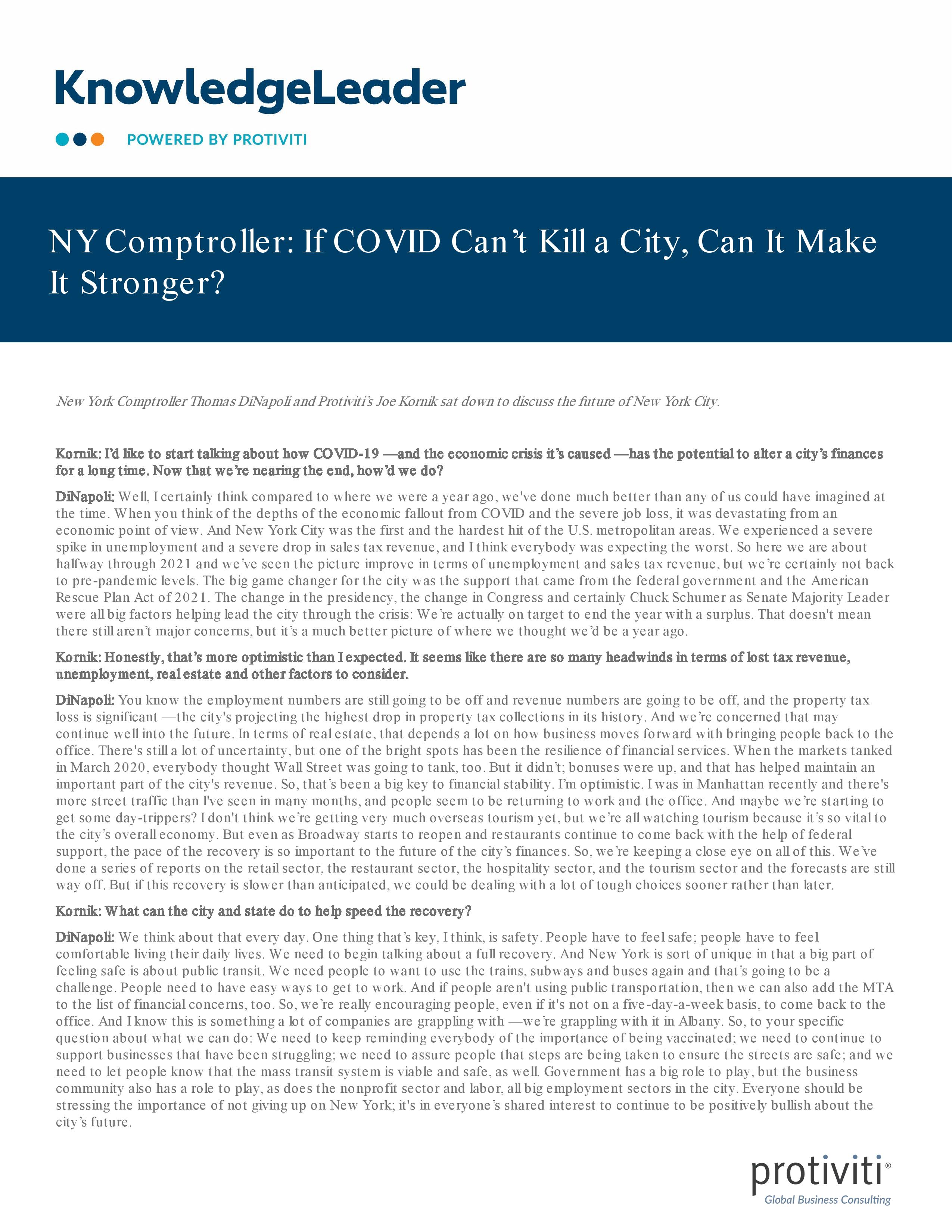 screenshot of the first page of NY Comptroller If COVID Can’t Kill a City, Can It Make It Stronger