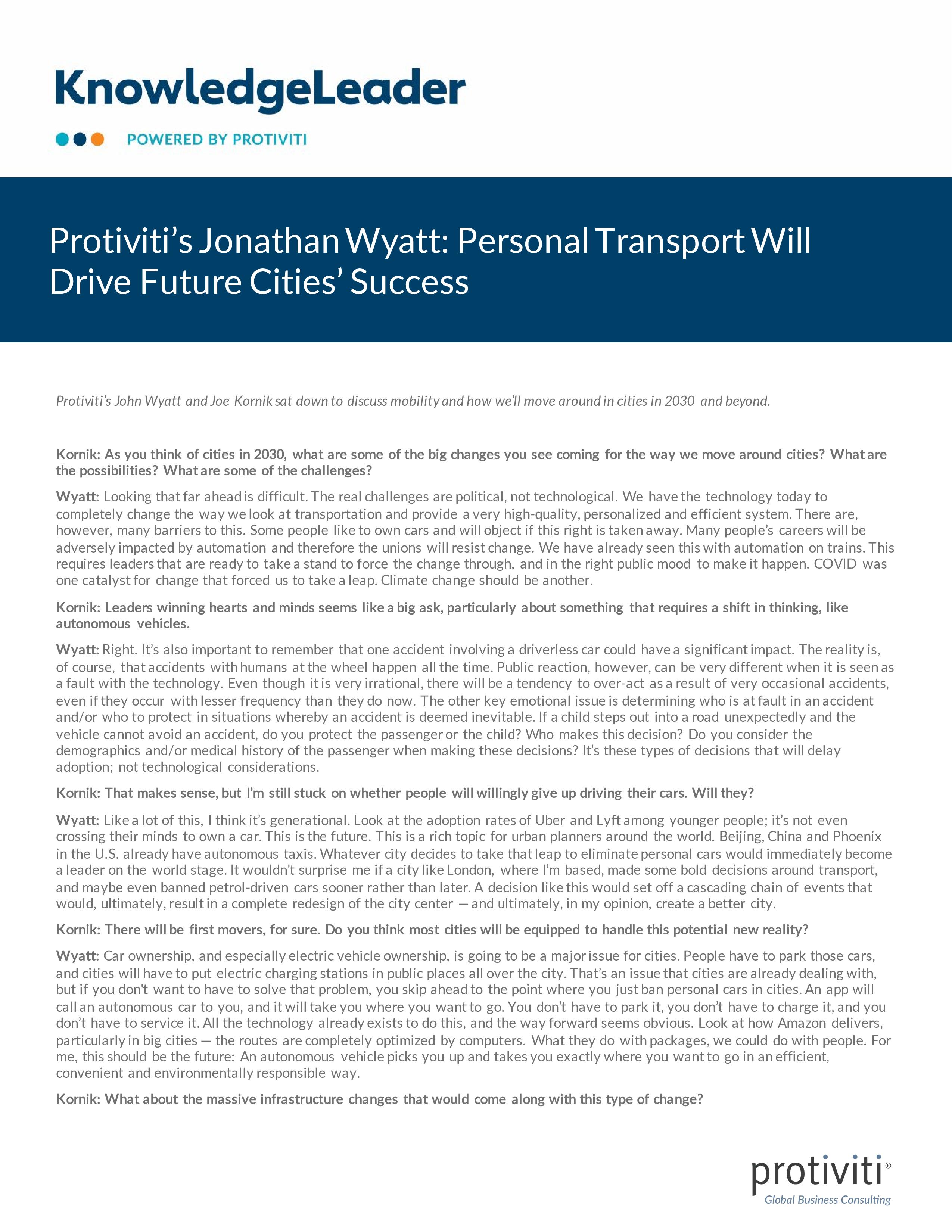 screenshot of the first page of Protiviti’s Jonathan Wyatt Personal Transport Will Drive Future Cities’ Success