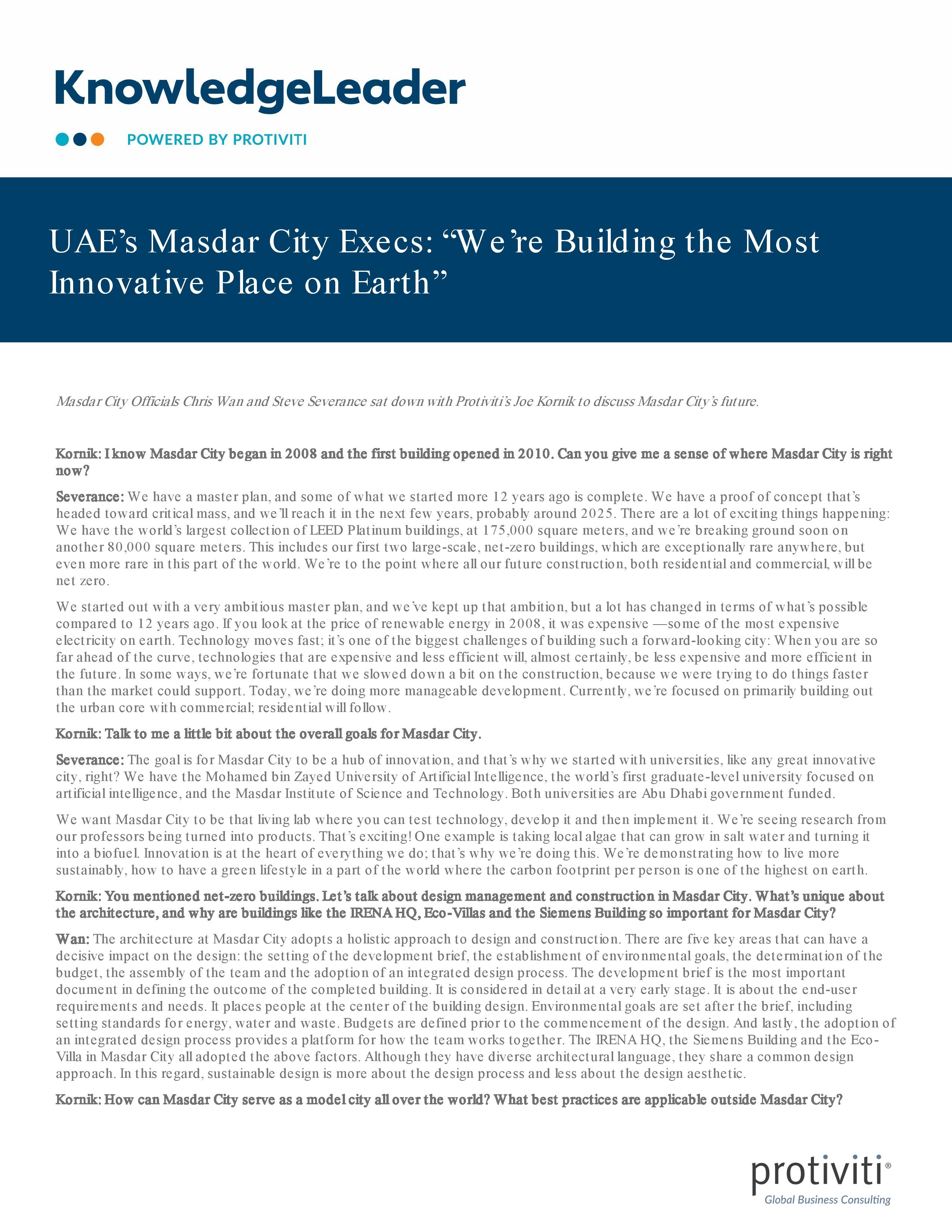 screenshot of the first page of UAE’s Masdar City Execs “We’re Building the Most Innovative Place on Earth”