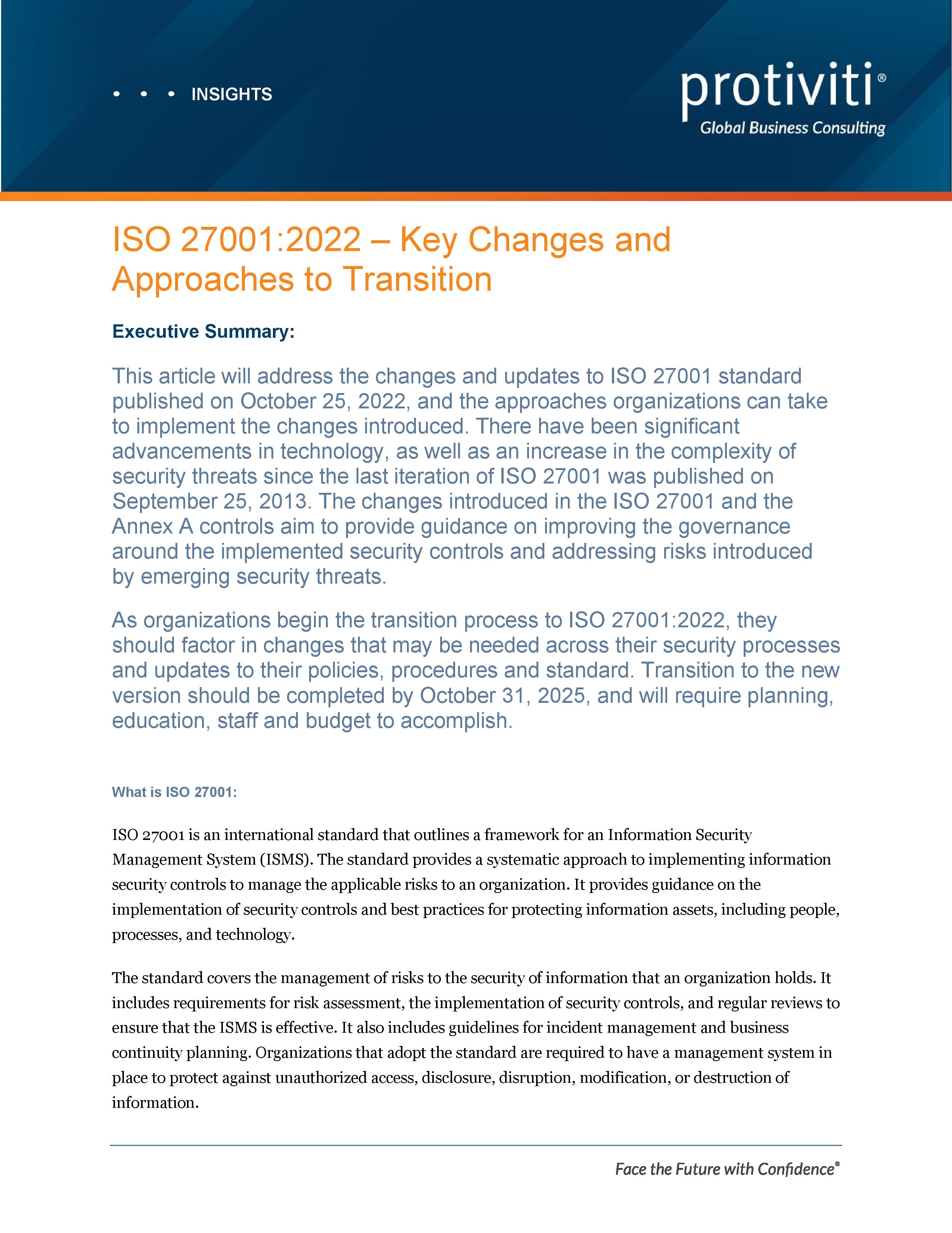 screenshot of the first page of ISO 27001: 2022 – Key Changes and Approaches to Transition  