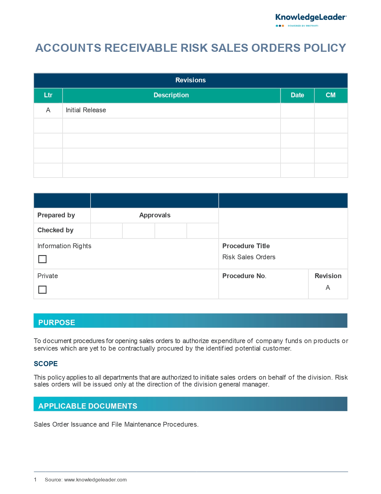Screenshot of the first page of Accounts Receivable Risk Sales Orders Policy