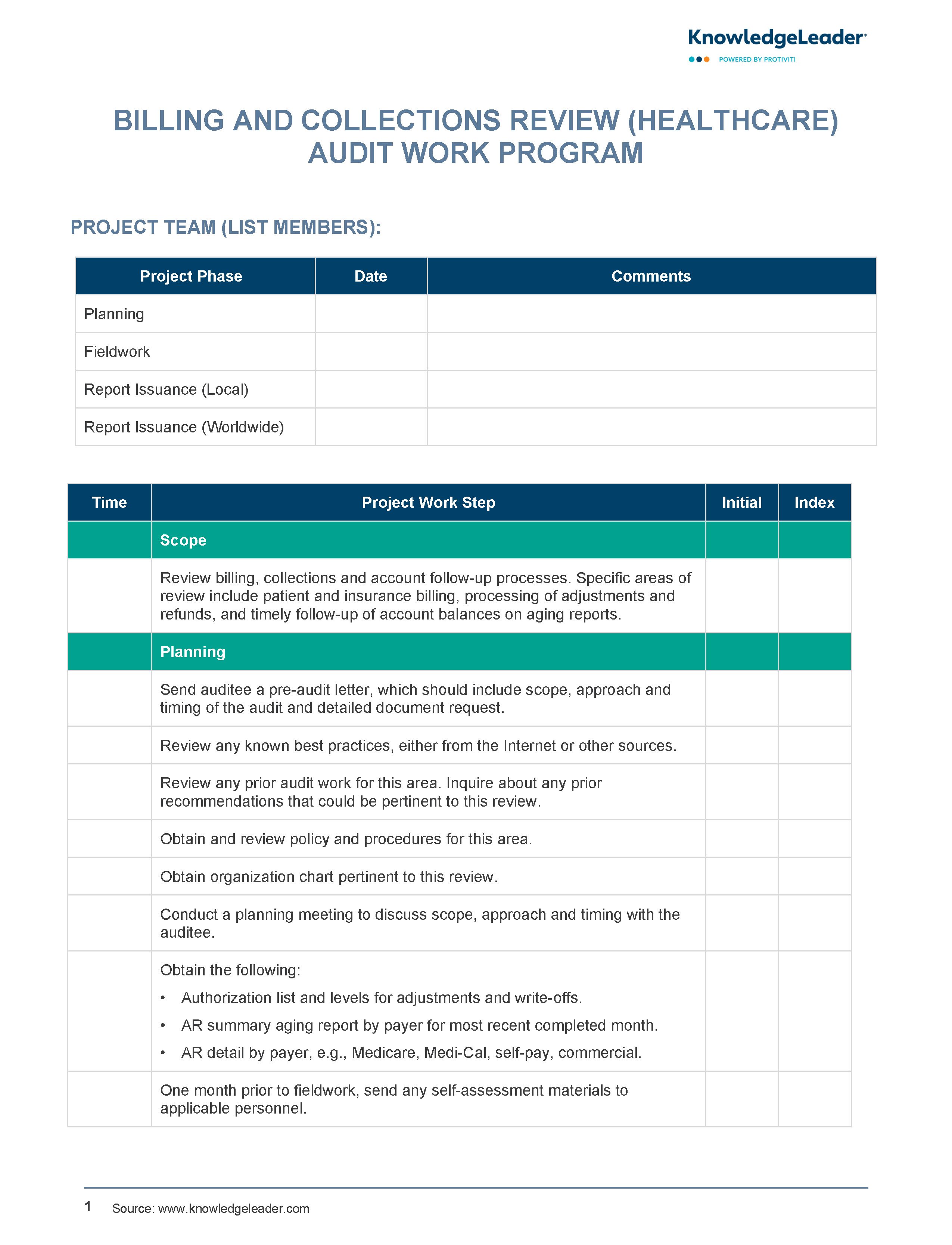 Screenshot of first page of Billing and Collections Review Healthcare Work Program