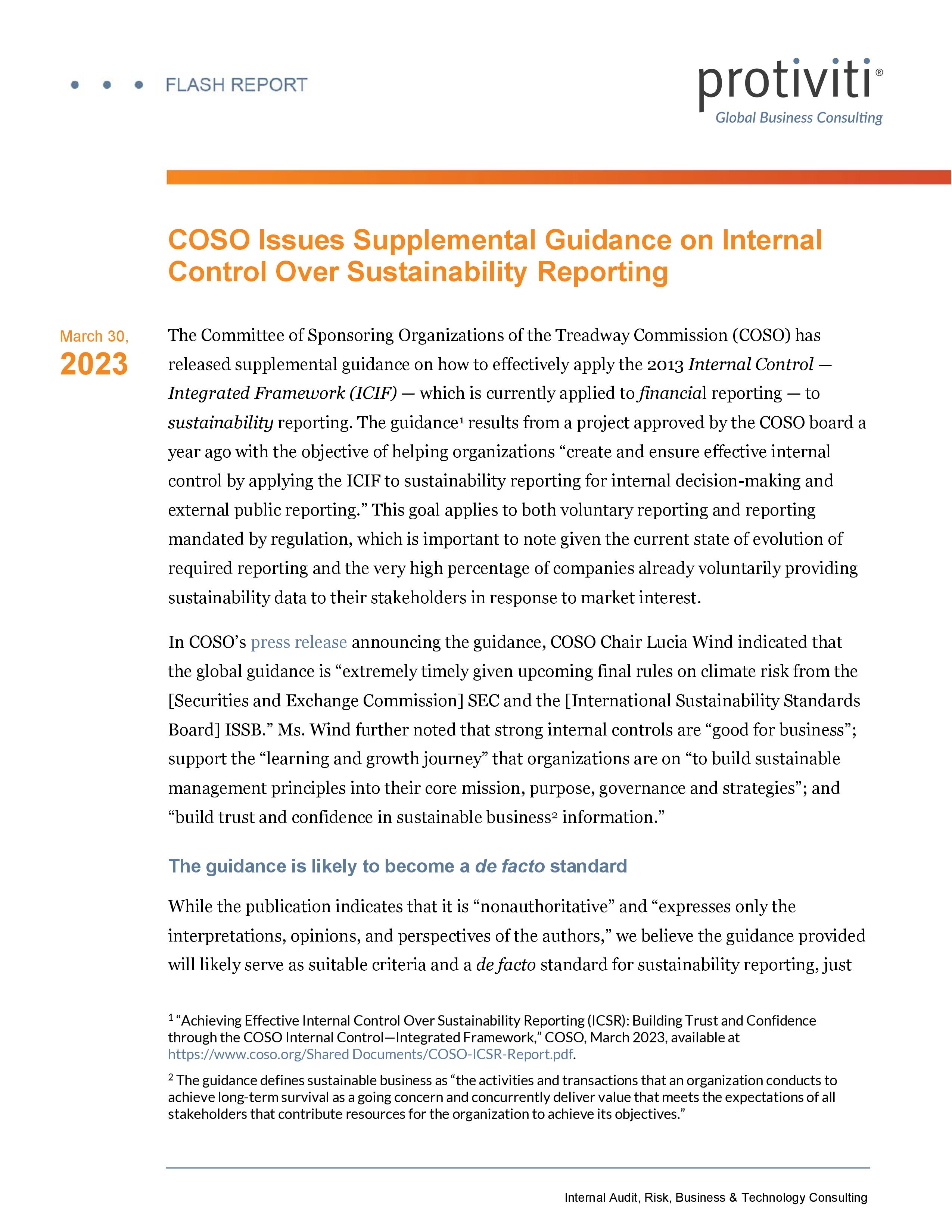 Screenshot of the first page of COSO Issues Supplemental Guidance on Internal Control Over Sustainability Reporting