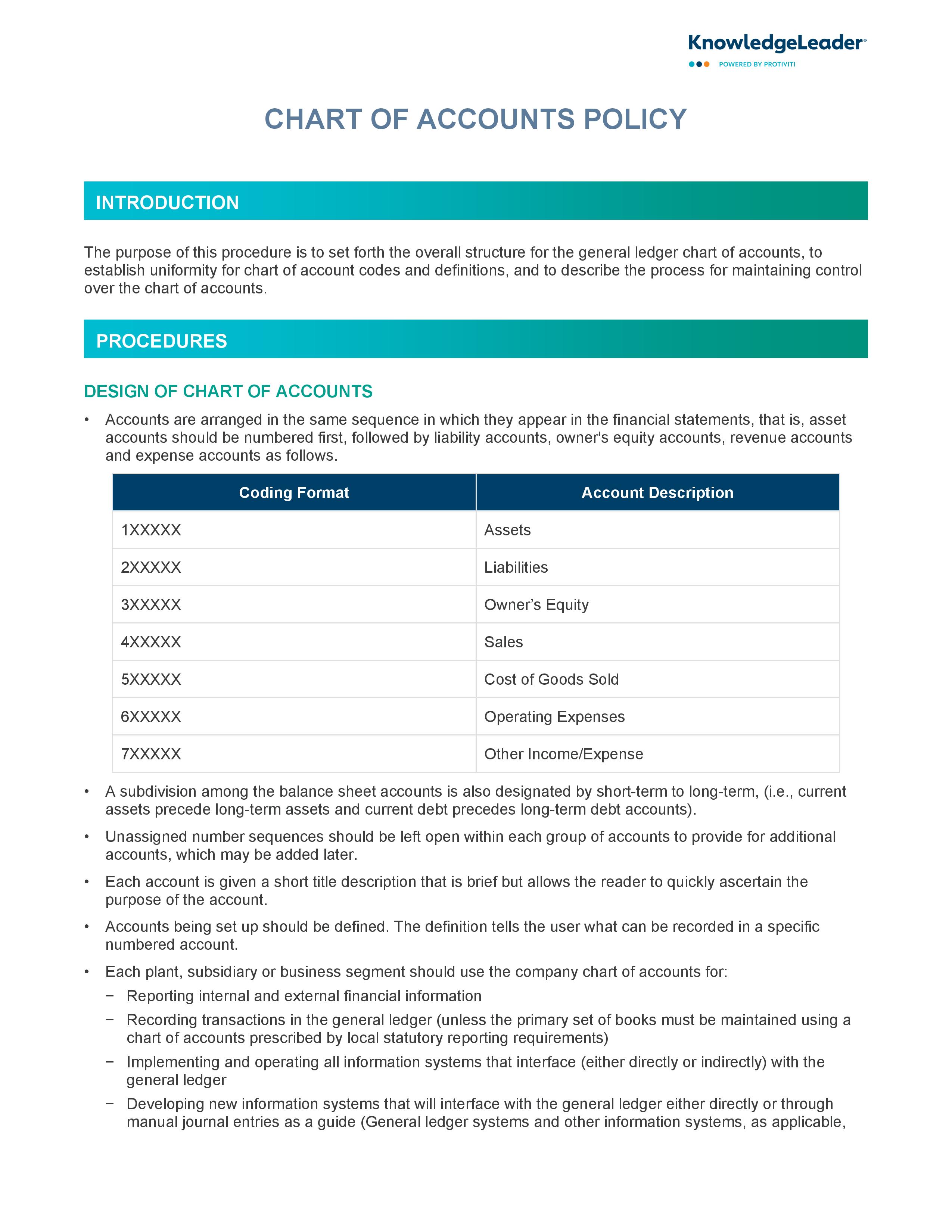 Screenshot of the first page of Chart of Accounts Policy