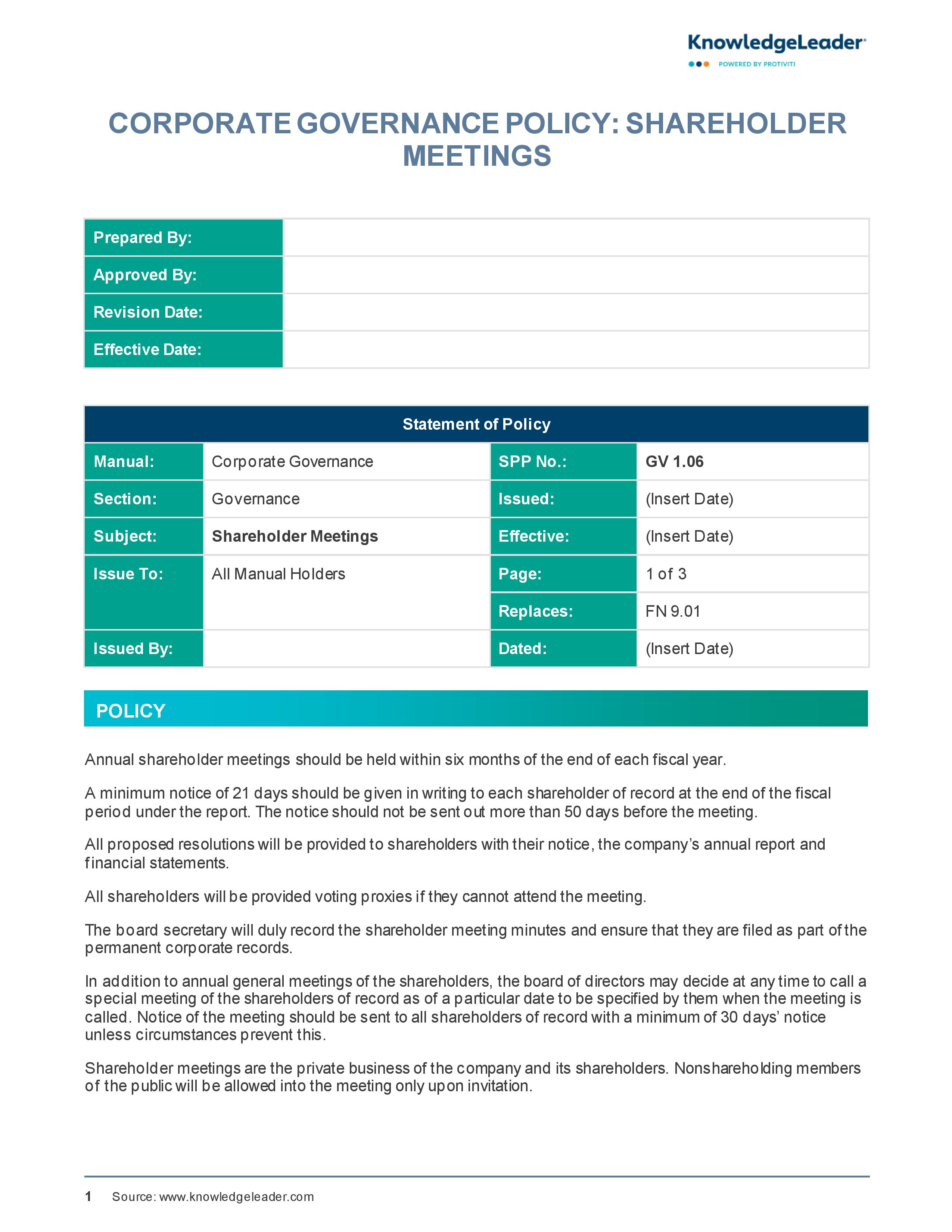 Screenshot of the first page of Corporate Governance Policy - Shareholder Meetings