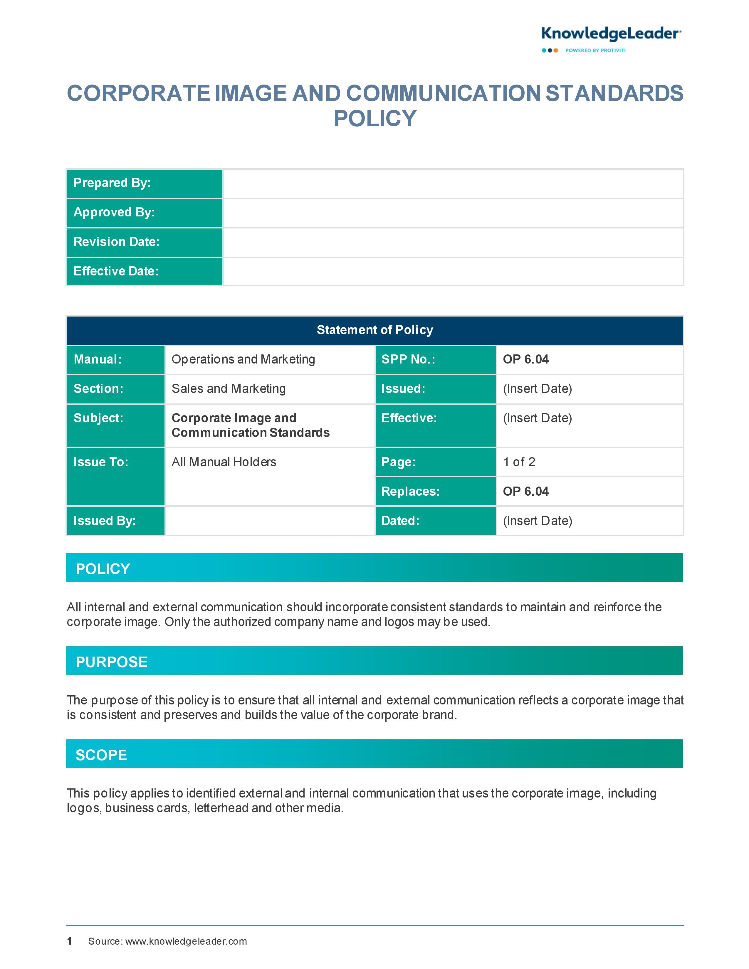 Screenshot of the first page of Corporate Image and Communication Standards Policy
