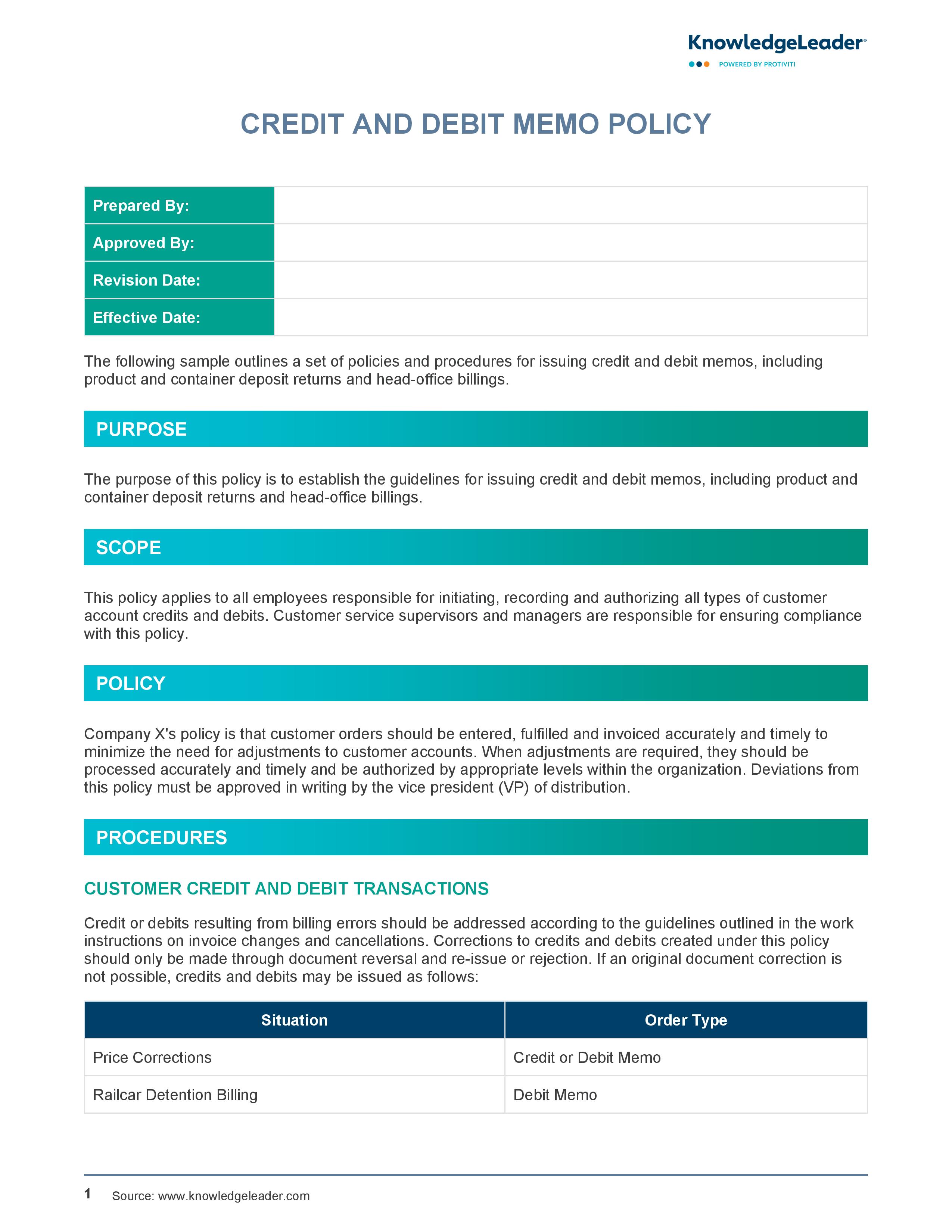 Screenshot of the first page of Credit and Debit Memo Policy