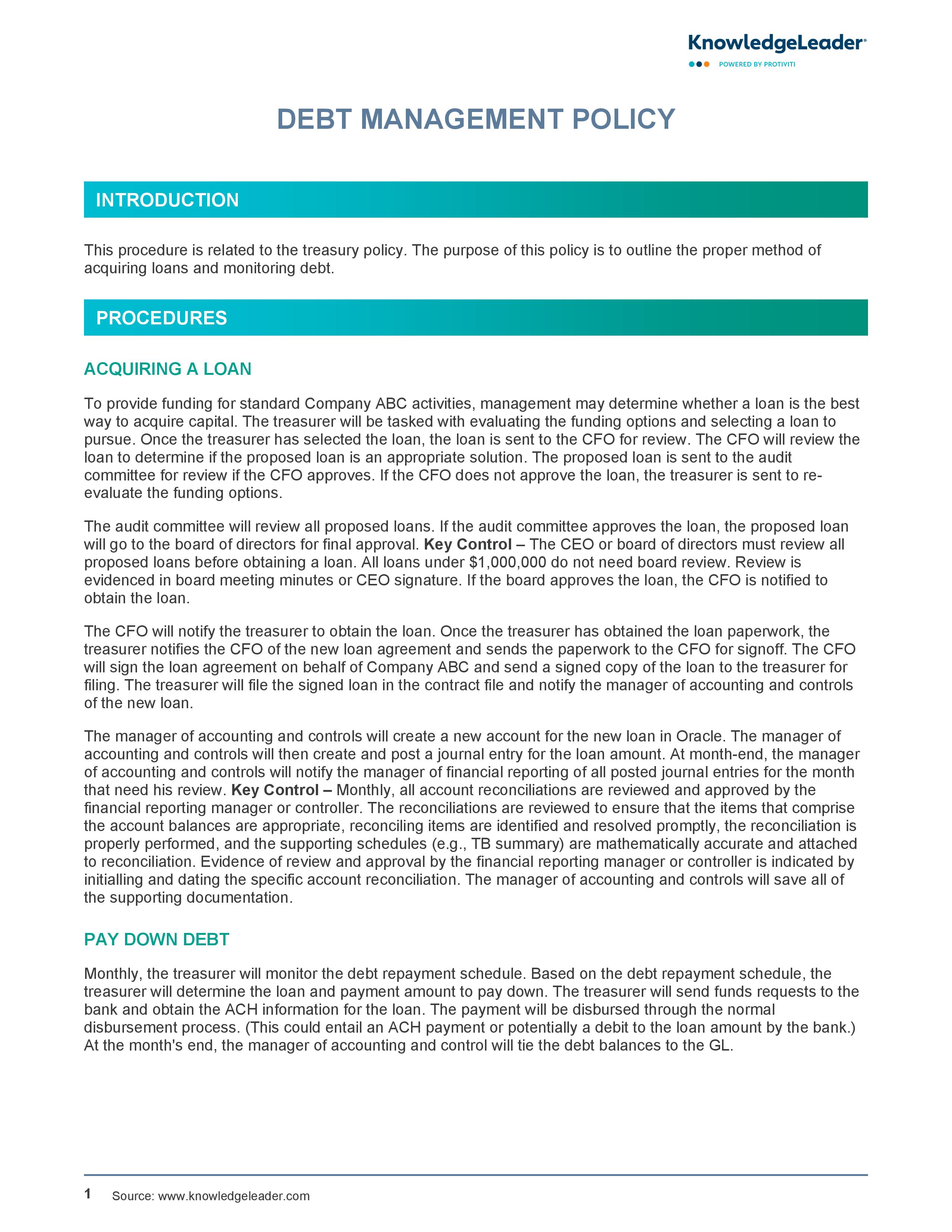 Screenshot of the first page of Debt Management Policy