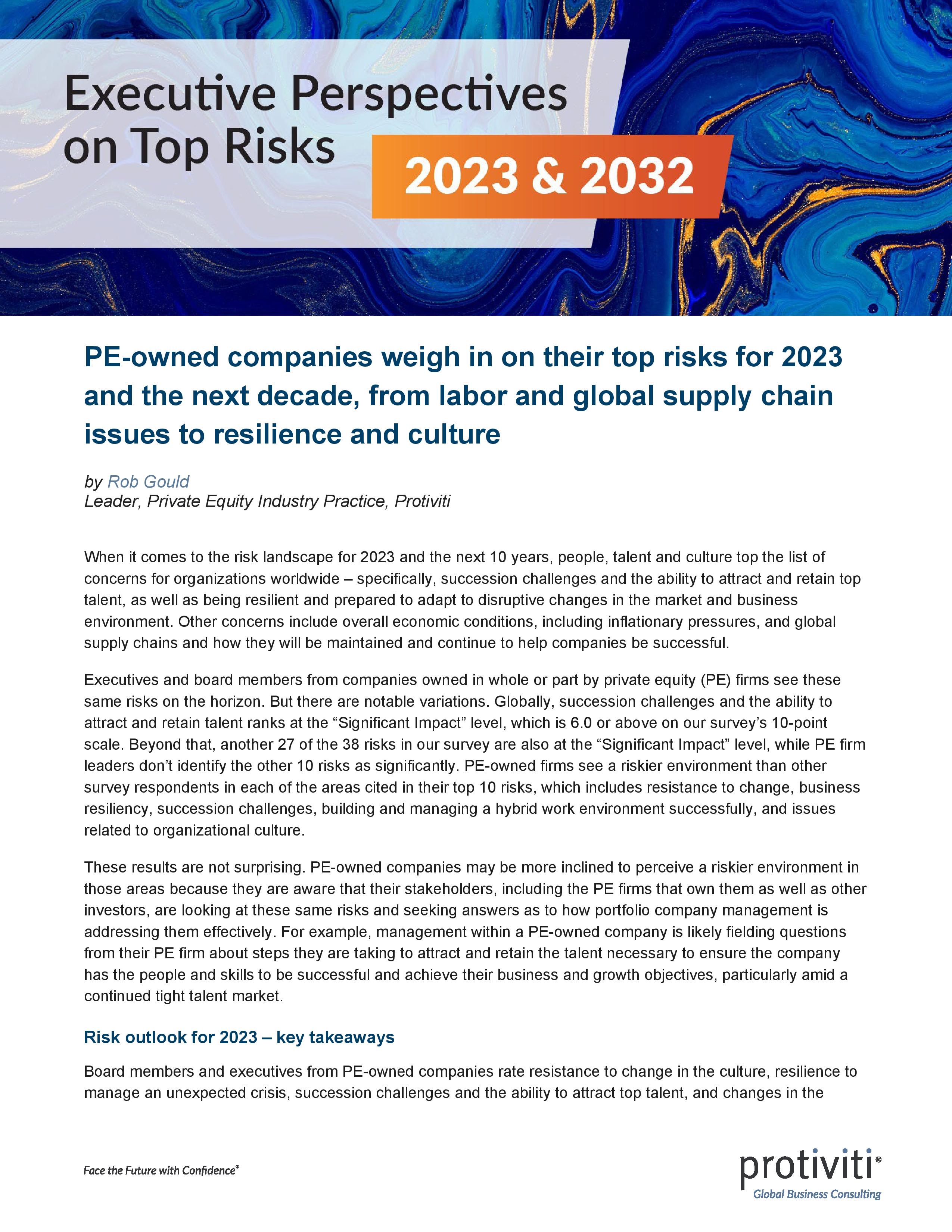 Screenshot of the first page of Executive Perspectives on Top Risks in 2023 And 2032 Private-Equity Owned Company Results